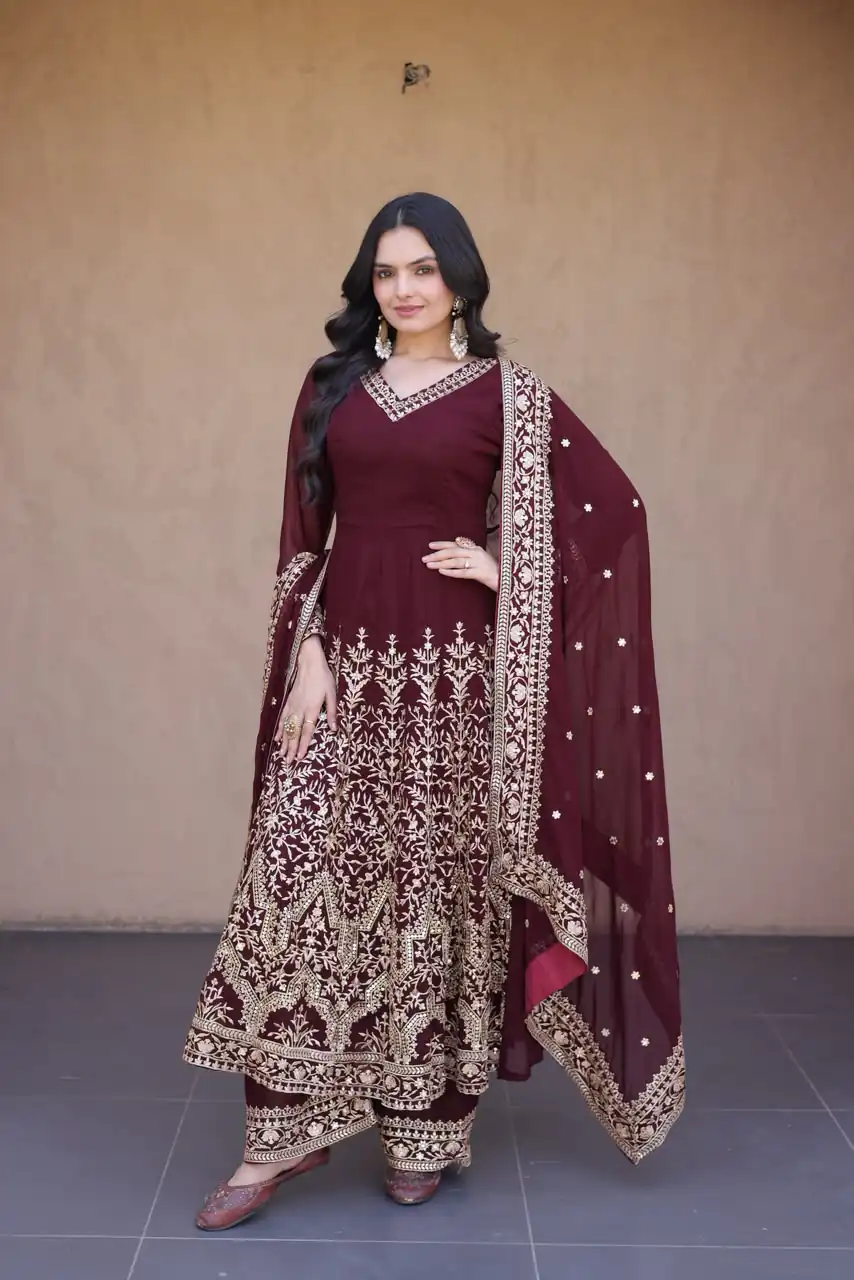 Magical Maroon Faux Blooming Sequence Work Gown - Image 4