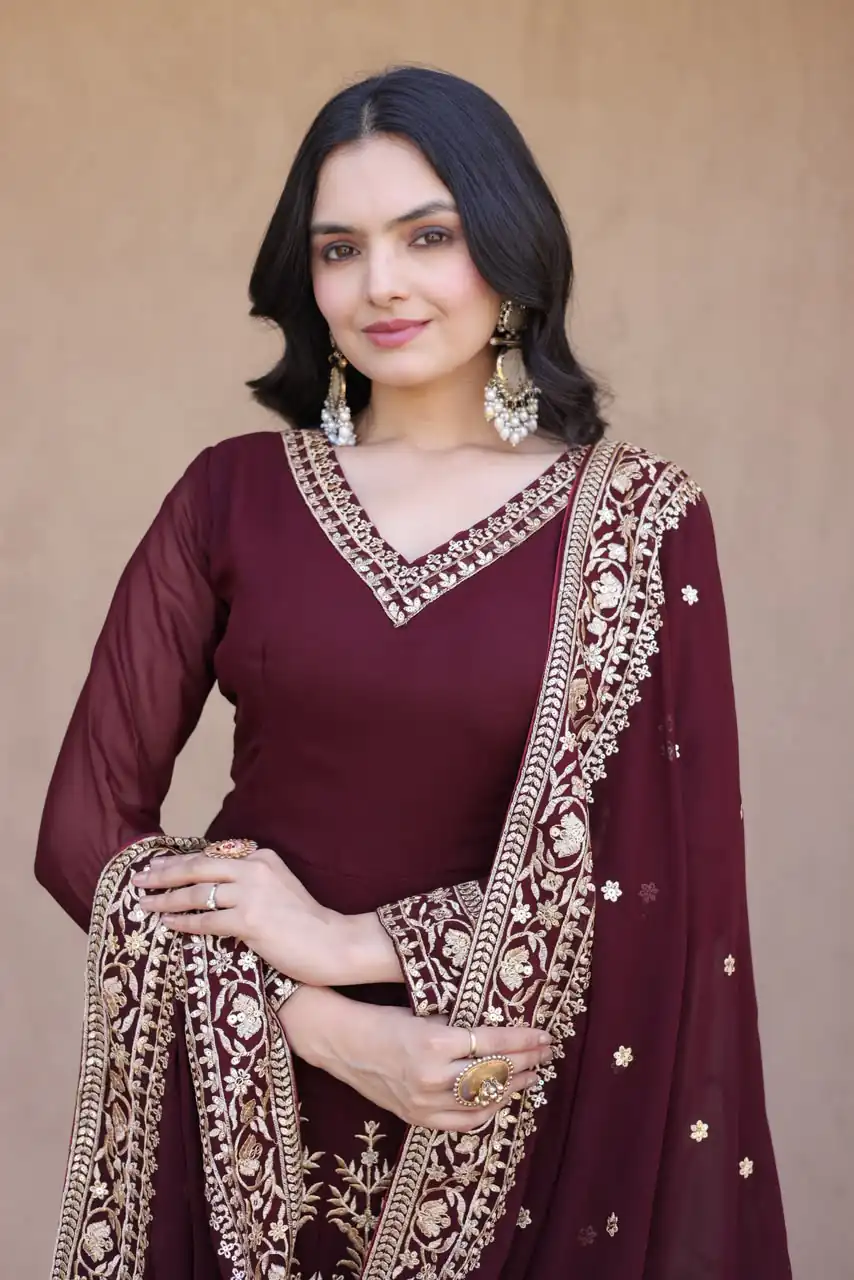 Magical Maroon Faux Blooming Sequence Work Gown - Image 2