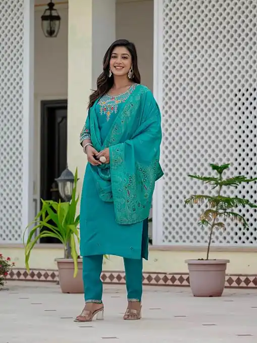 Nice Firozi Roman Silk Sequins Work Salwar Suit - Image 5