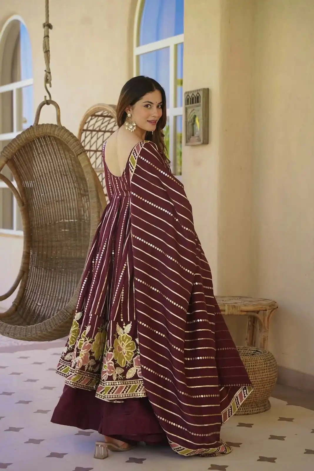 Nice Maroon Faux Georgette Embroidery Work Anarkali Suit - Image 3
