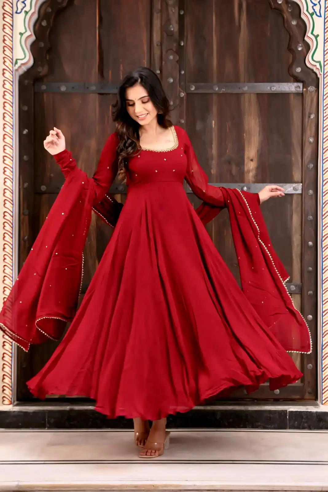 Nice Red Faux Georgette Sequence Work Anarkali Suit - Image 2
