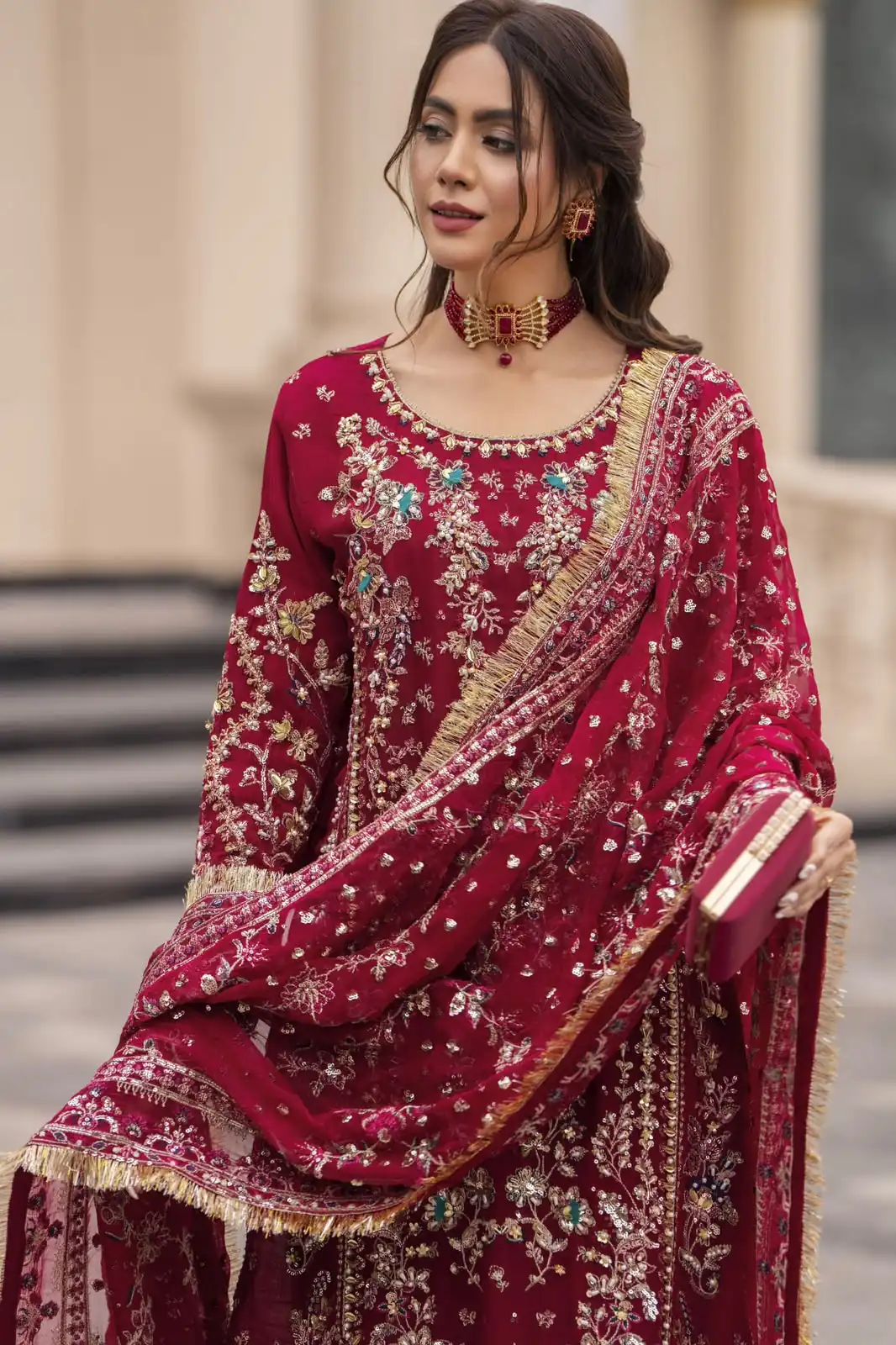 Perfect Maroon Faux Georgette Thread Work Salwar Suit - Image 3