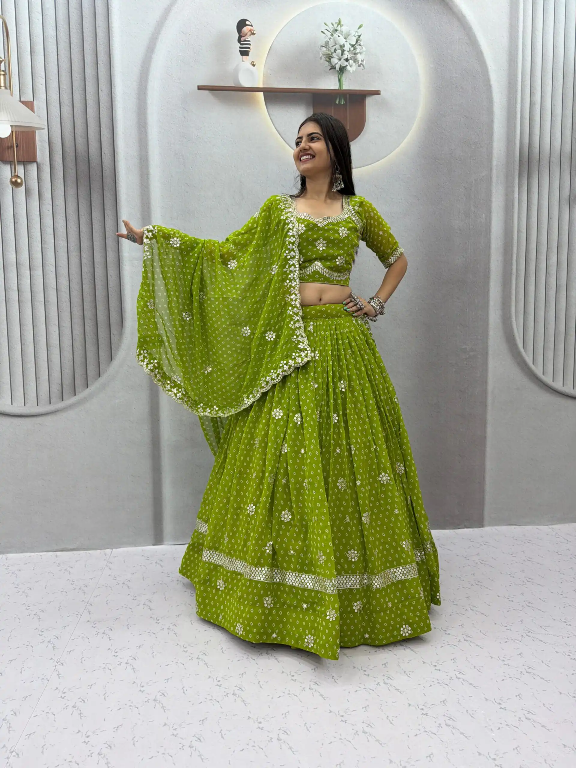 Perfect Parrot Green Georgette Sequence Work Lehenga Choli - Image 2