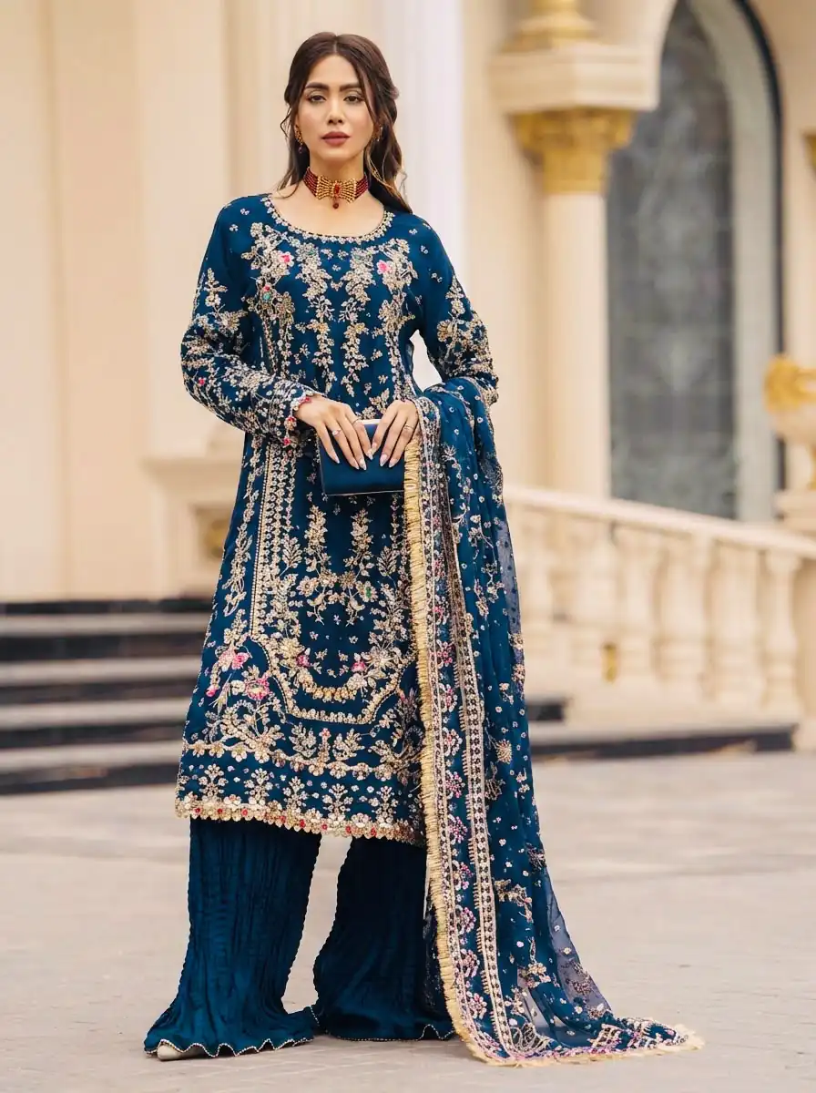 Perfect Teal Faux Georgette Thread Work Salwar Suit - Image 4