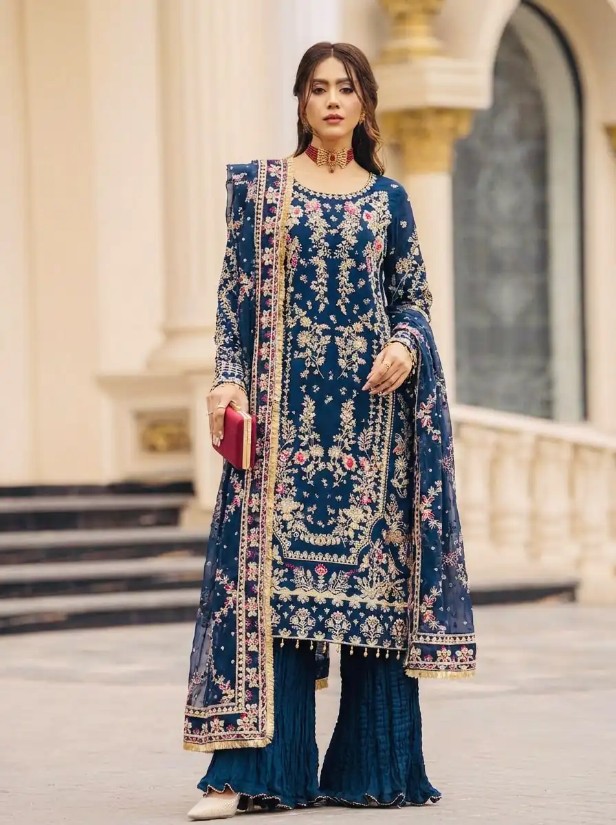 Perfect Teal Faux Georgette Thread Work Salwar Suit