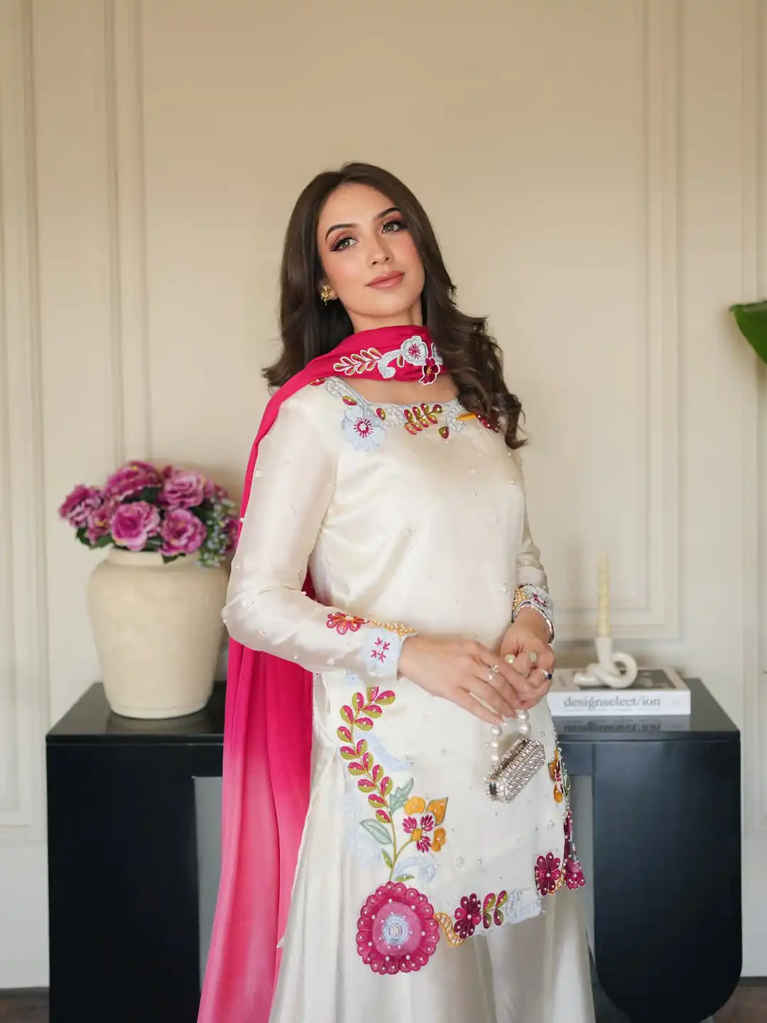 Pretty Off White Roman Glass Bids Work Salwar Suit - Image 7