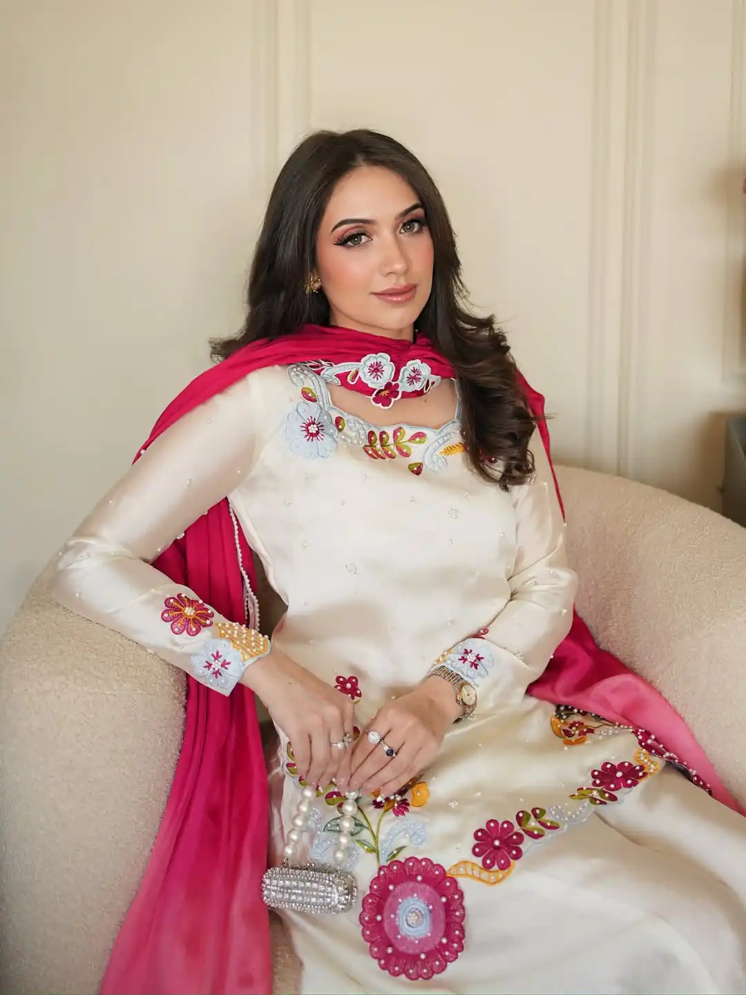 Pretty Off White Roman Glass Bids Work Salwar Suit - Image 6