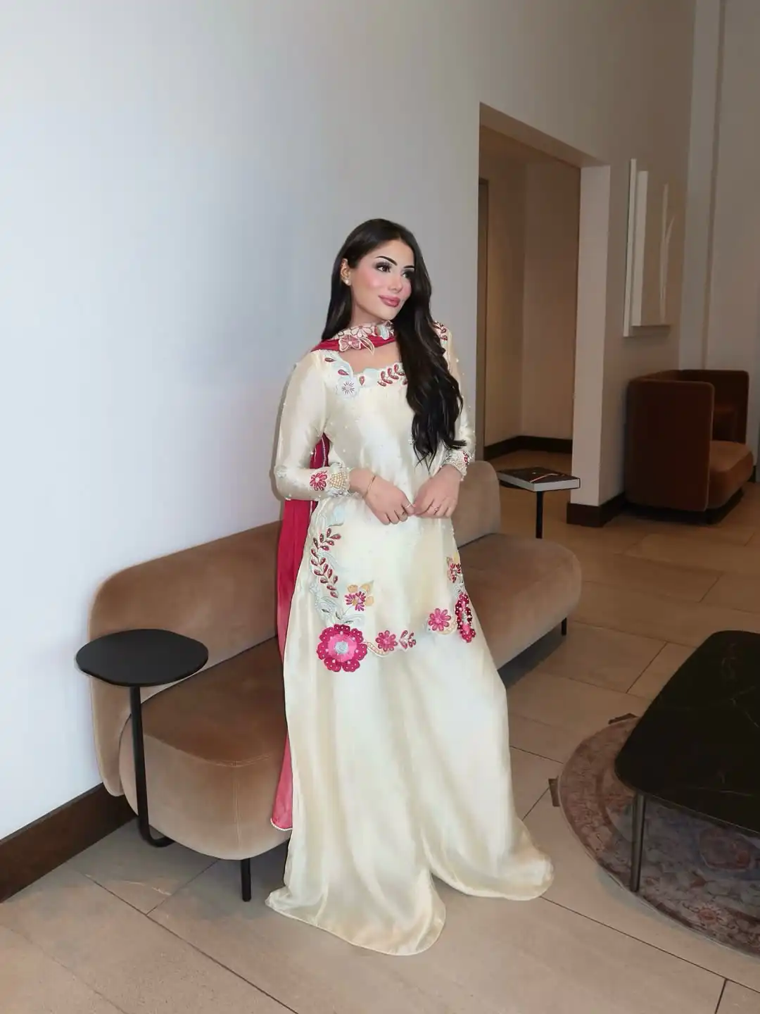 Pretty Off White Roman Glass Bids Work Salwar Suit - Image 5