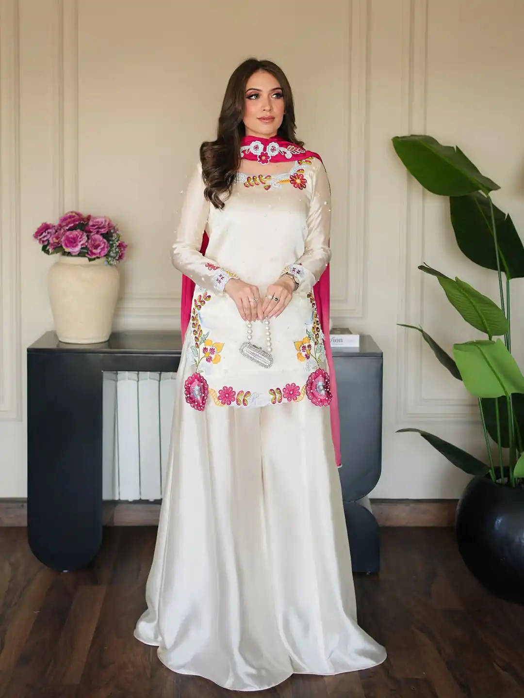 Pretty Off White Roman Glass Bids Work Salwar Suit - Image 3