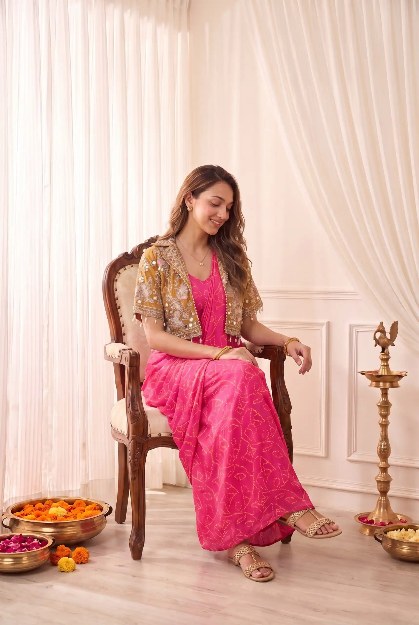 Pretty Pink Chinon Silk Digital Print Work Saree - Image 2