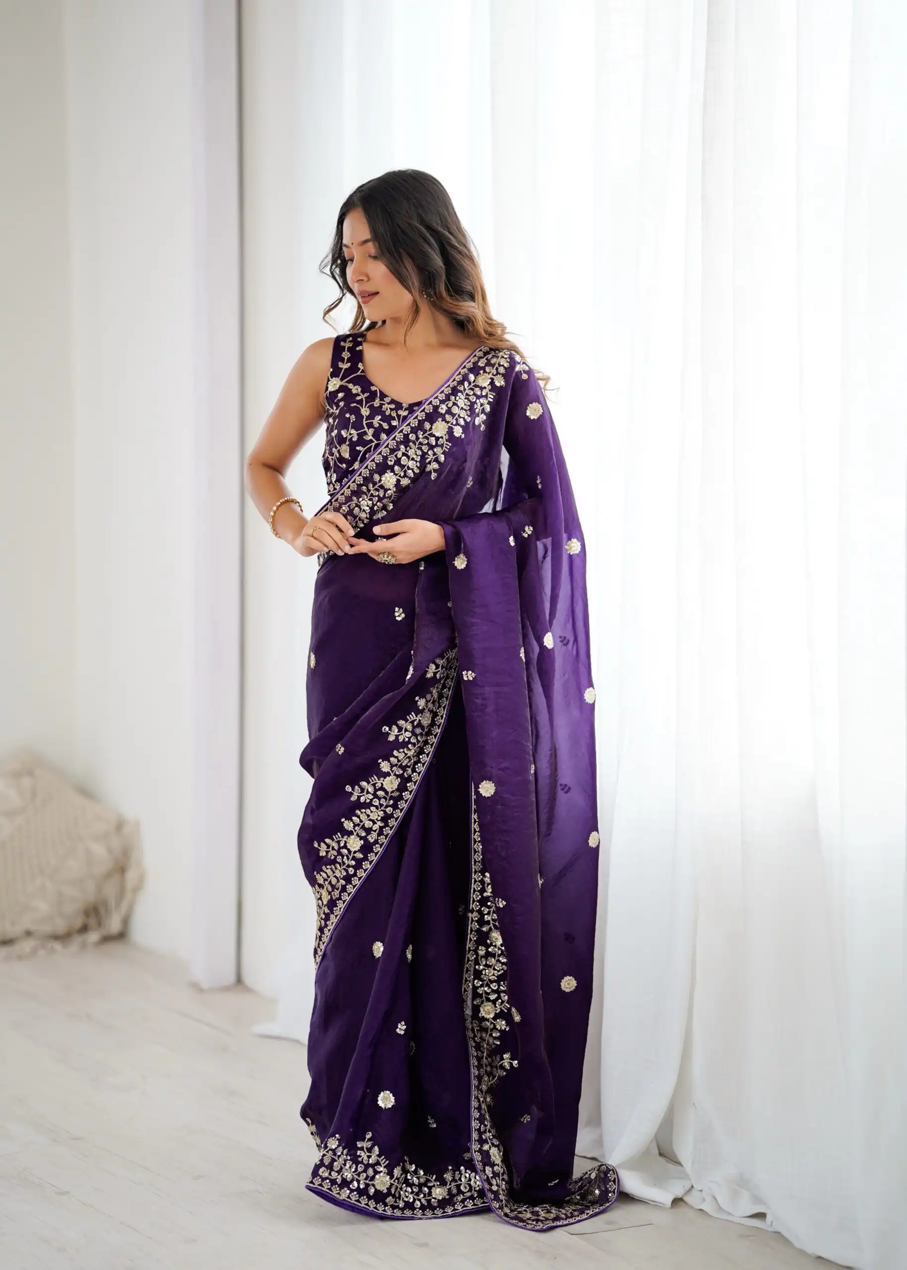 Pretty Purple Fendy Silk Embroidery Work Saree - Image 4