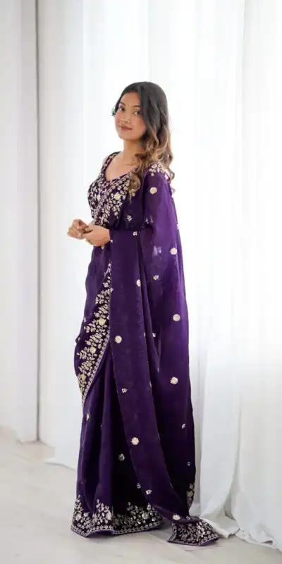 Alternative view of Pretty Purple Fendy Silk Embroidery Work Saree