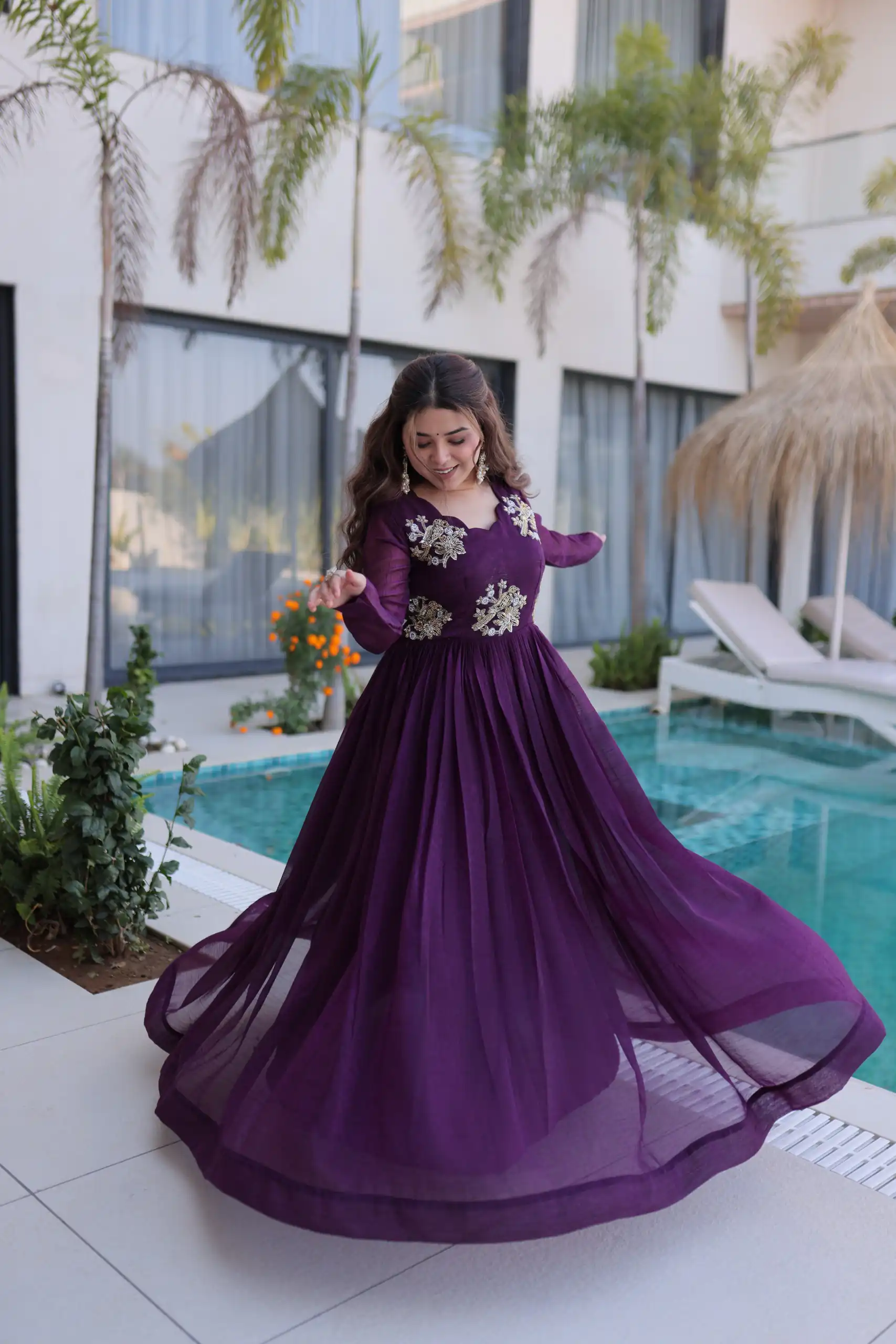 Pretty Purple Silver Crunchy Beads Work Gown - Image 5