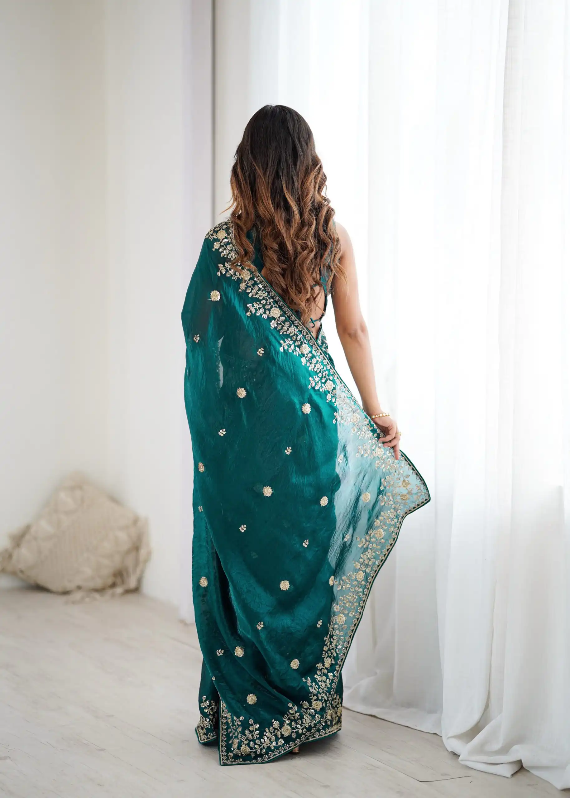 Pretty Teal Fendy Silk Embroidery Work Saree - Image 7