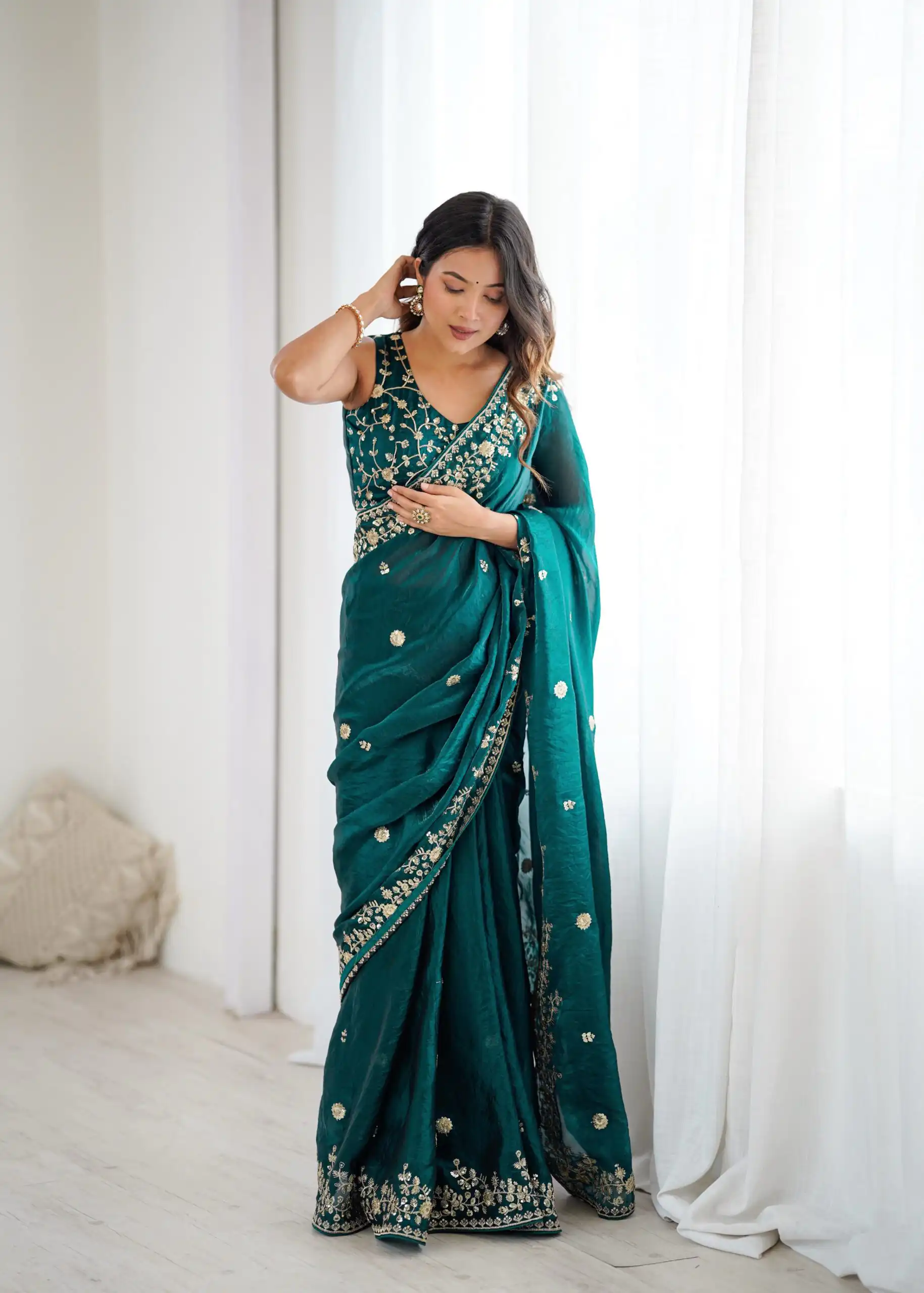 Pretty Teal Fendy Silk Embroidery Work Saree - Image 6