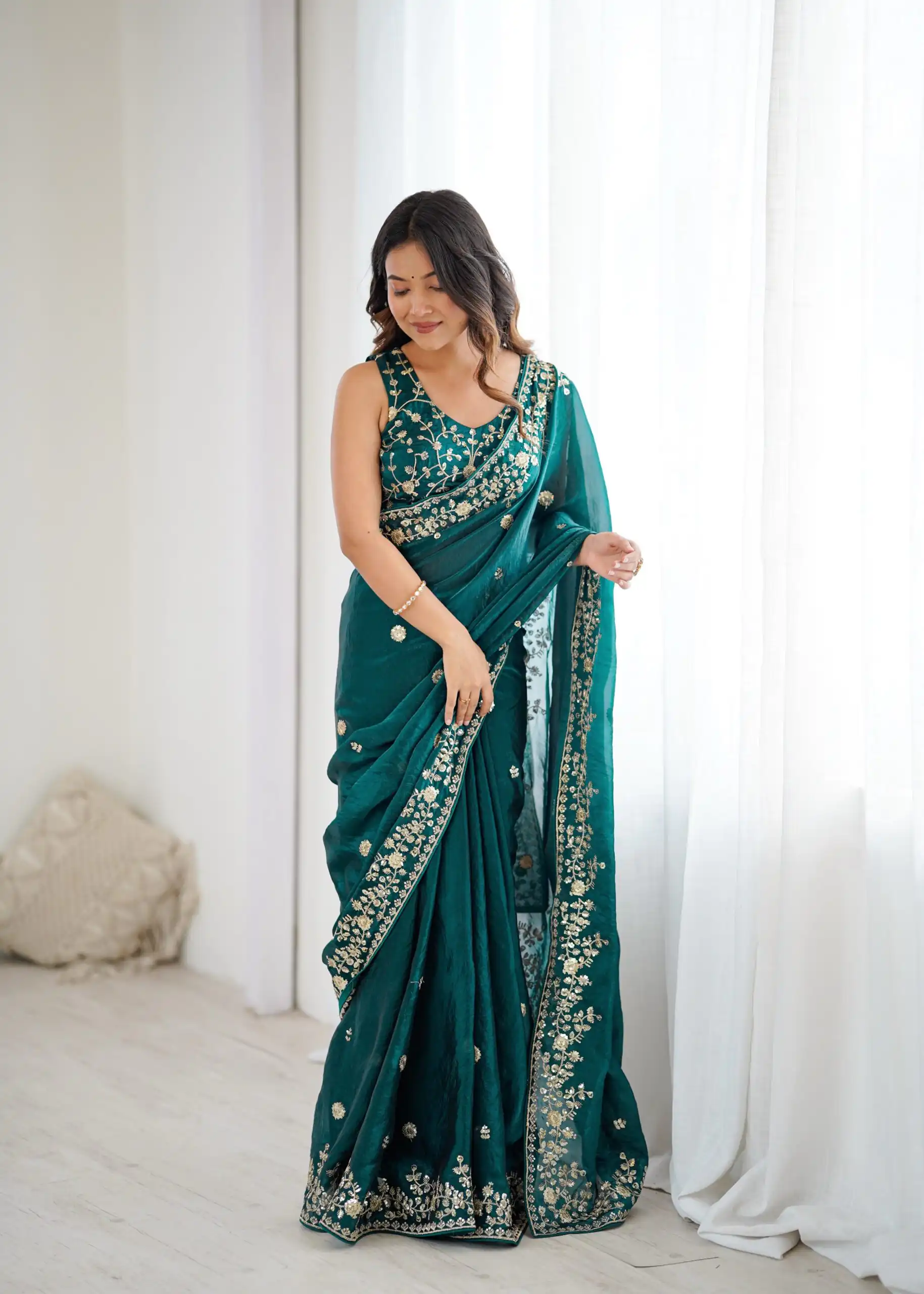 Pretty Teal Fendy Silk Embroidery Work Saree - Image 5