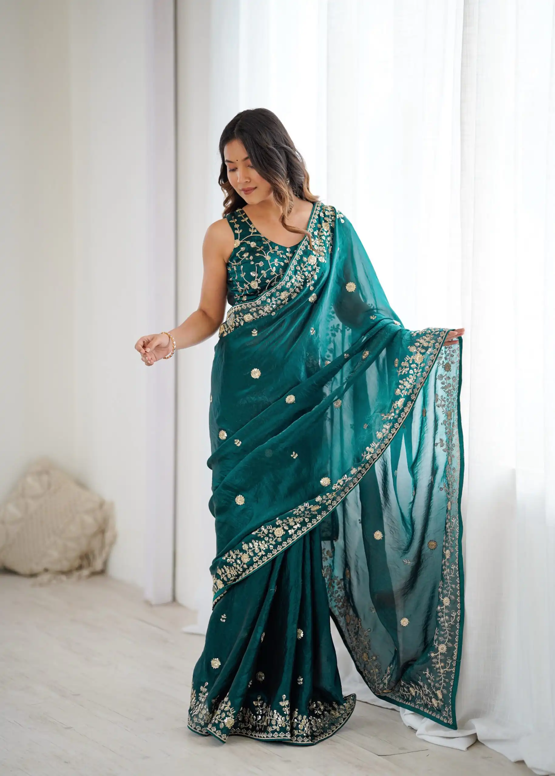Pretty Teal Fendy Silk Embroidery Work Saree - Image 3