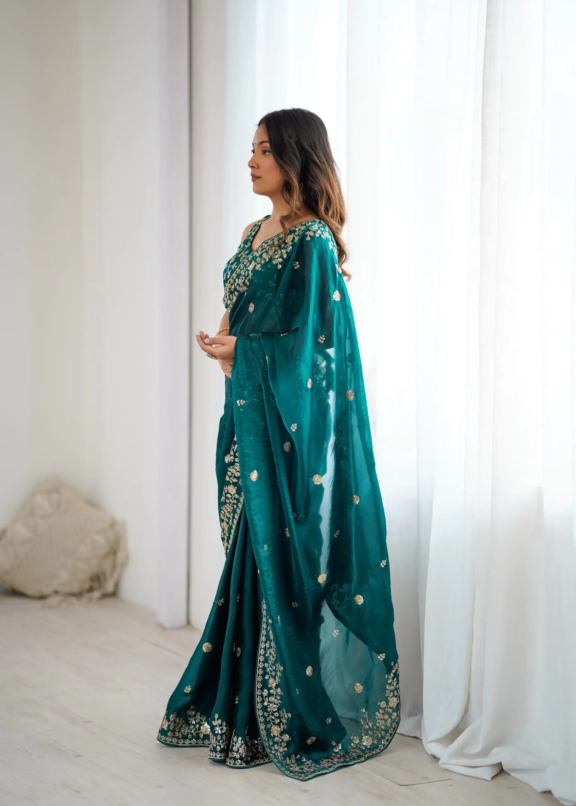 Pretty Teal Fendy Silk Embroidery Work Saree