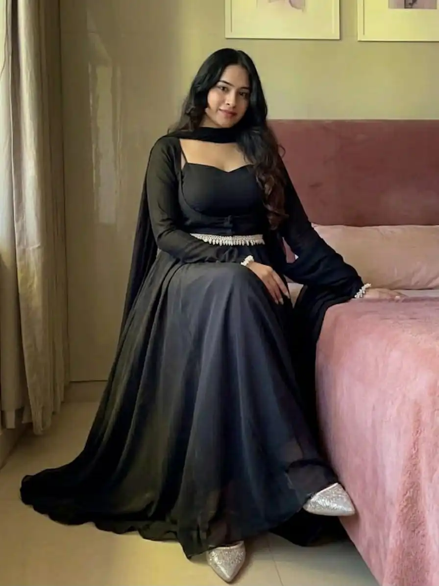 Shiny Black Faux Georgette Fancy Less Work Anarkali Suit - Image 6