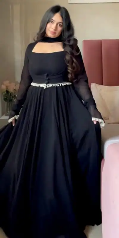 Alternative view of Shiny Black Faux Georgette Fancy Less Work Anarkali Suit