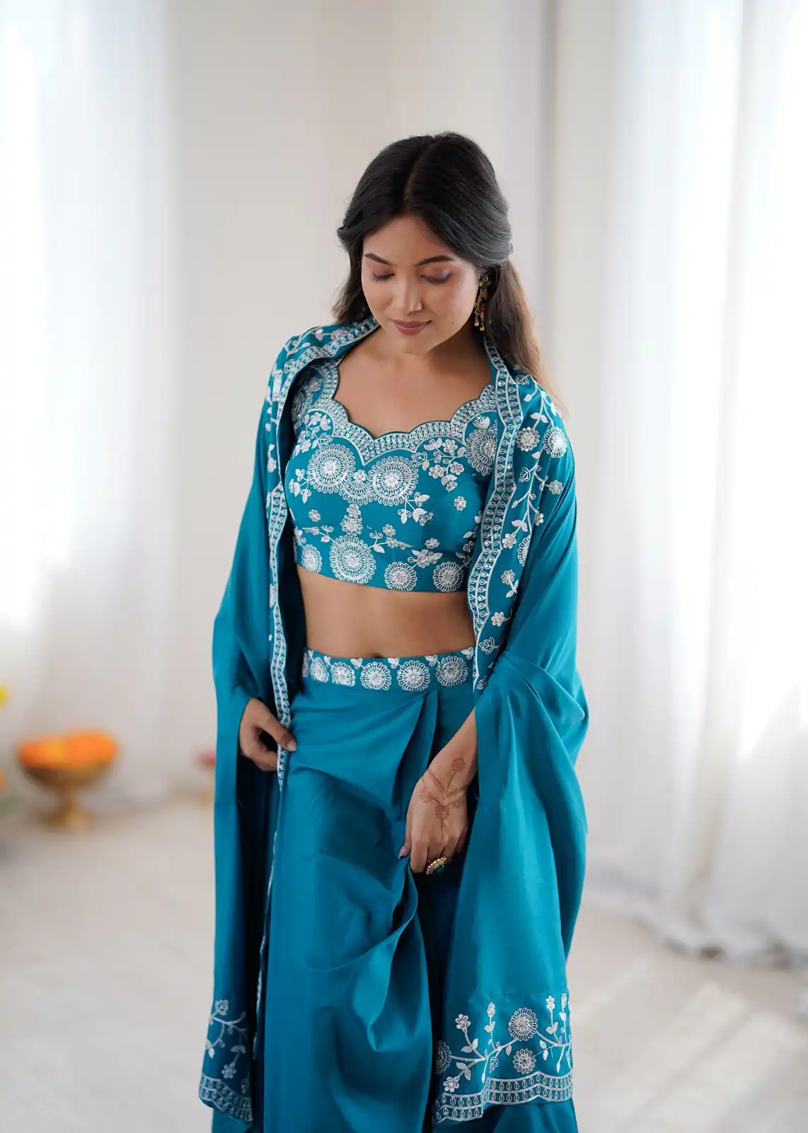 Shiny Blue Crepe Silk Sequins Work Dhoti Suit - Image 3