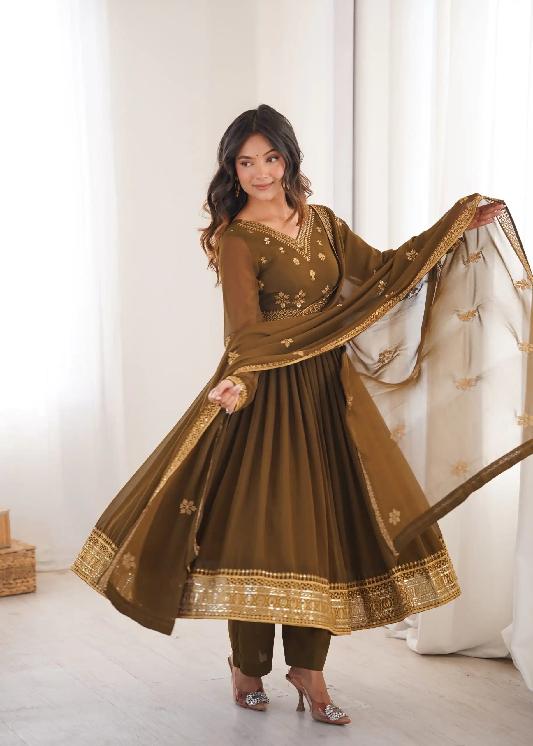 Shiny Brown Faux Georgette Sequence Work Anarkali Suit - Image 4