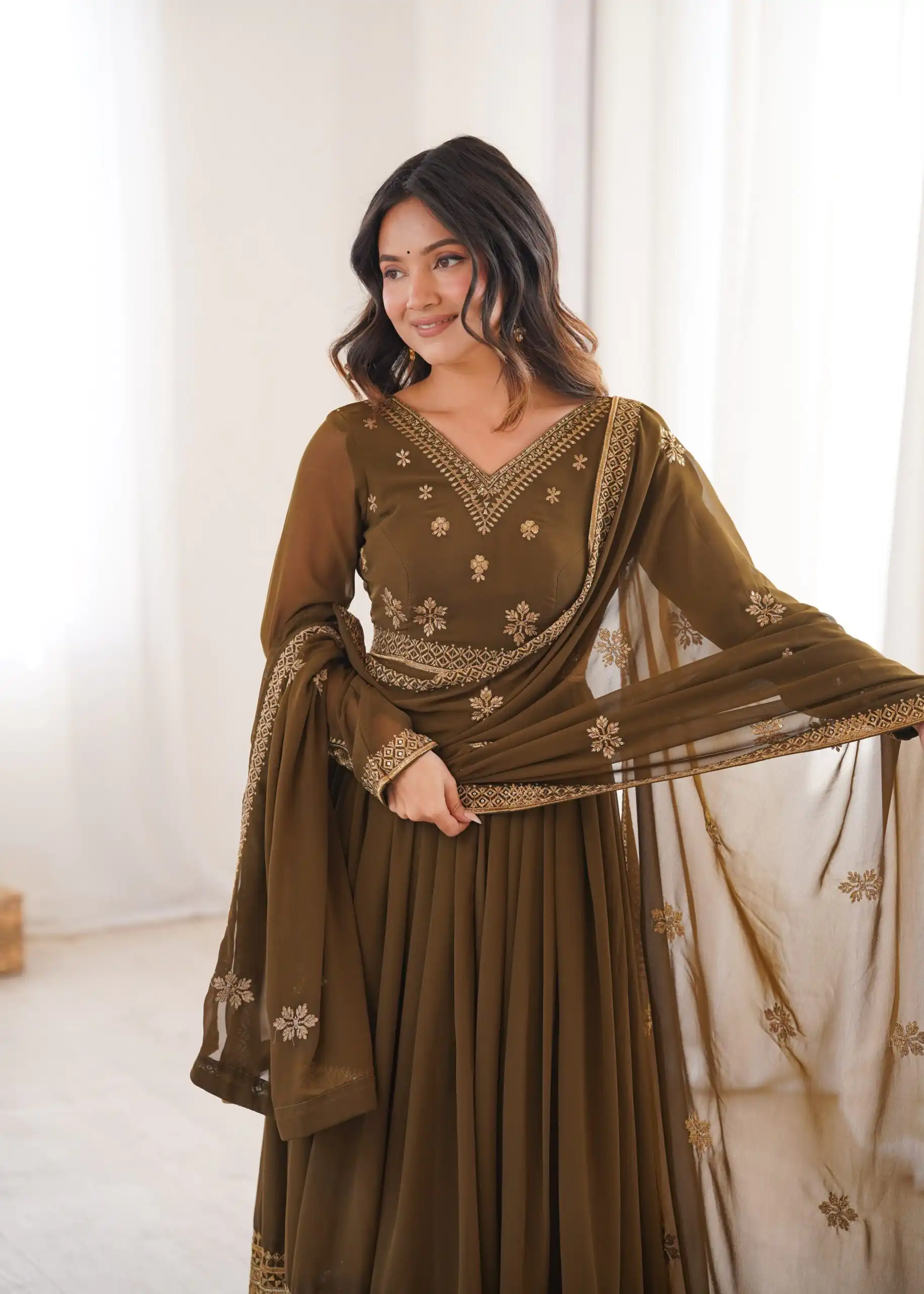 Shiny Brown Faux Georgette Sequence Work Anarkali Suit - Image 9