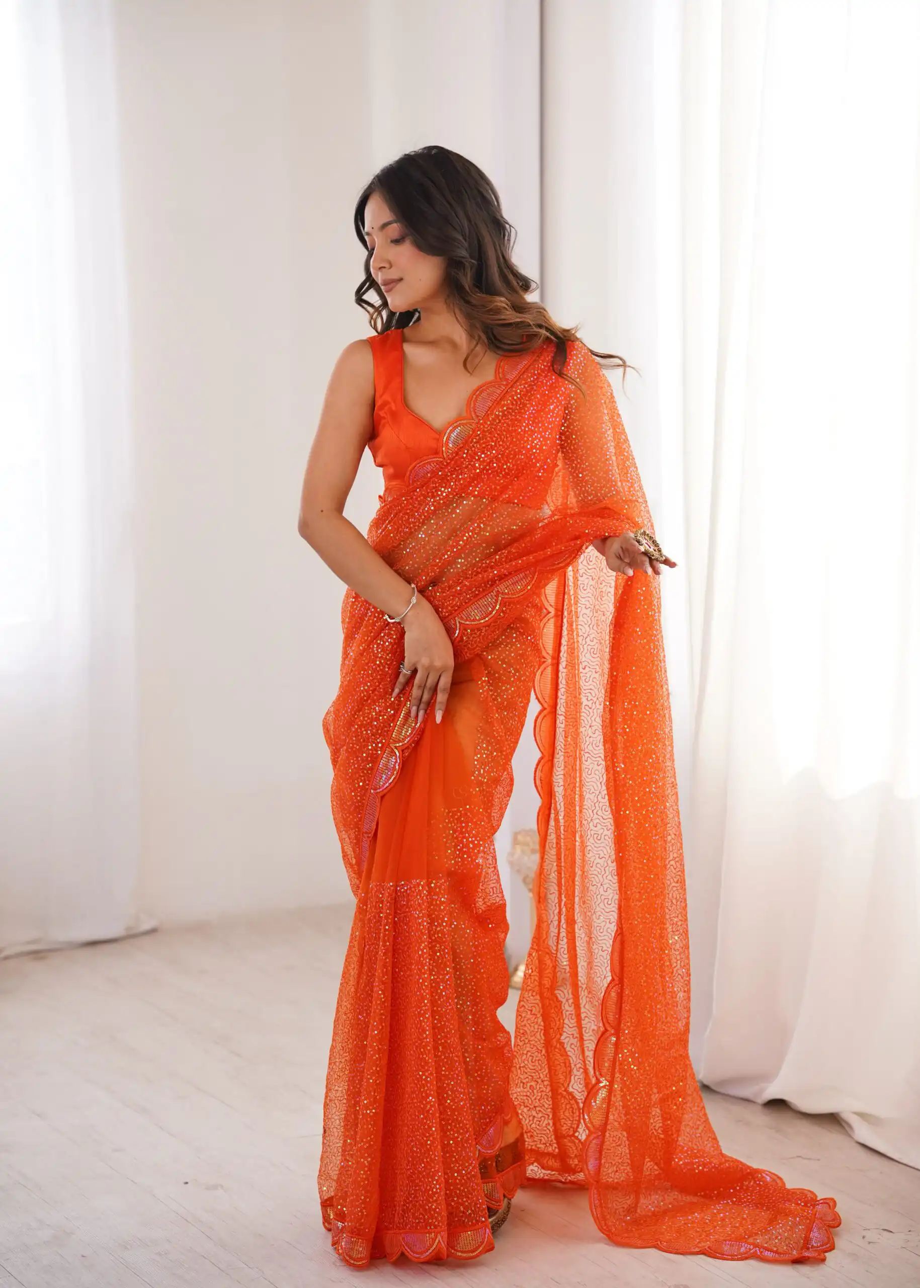 Shiny Orange Soft Net Sequins Work Saree - Image 4