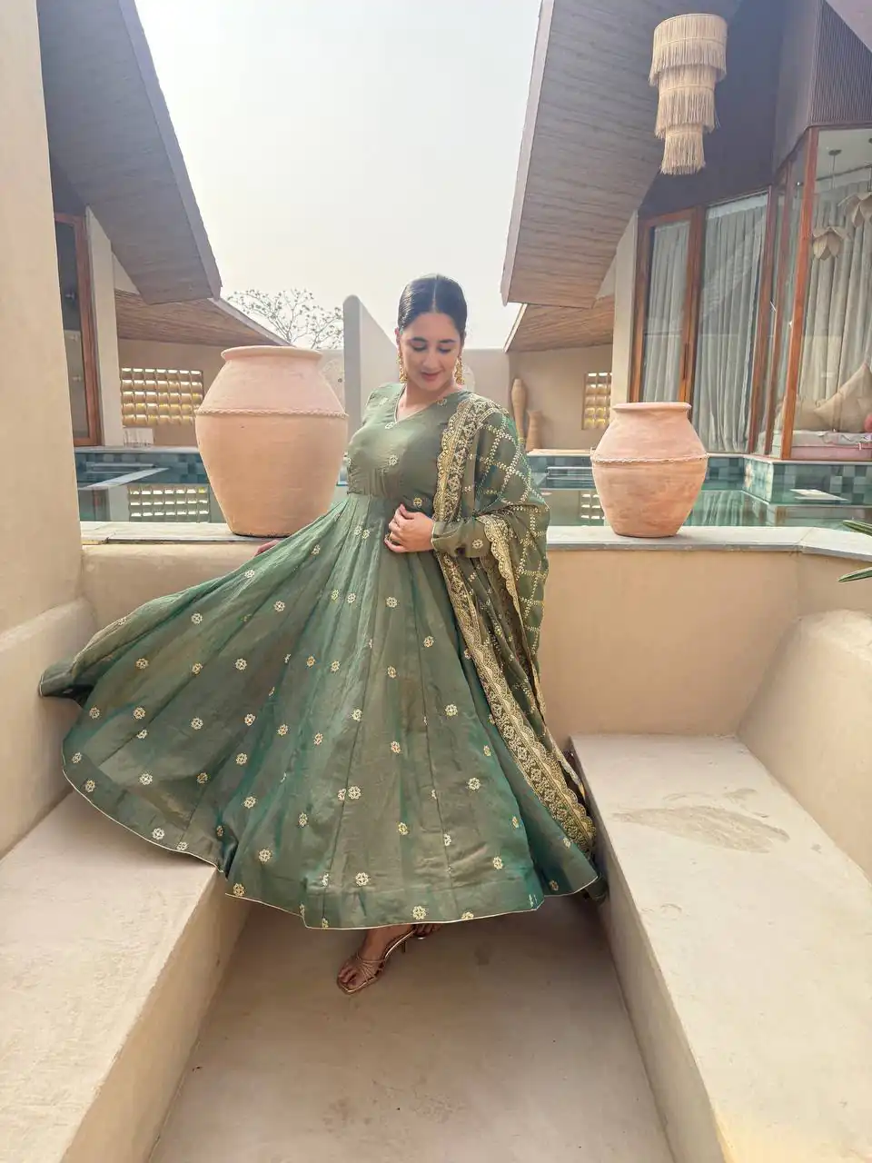 Shiny Pista Moss Fendy Embroidery Work Anarkali Suit - Image 3