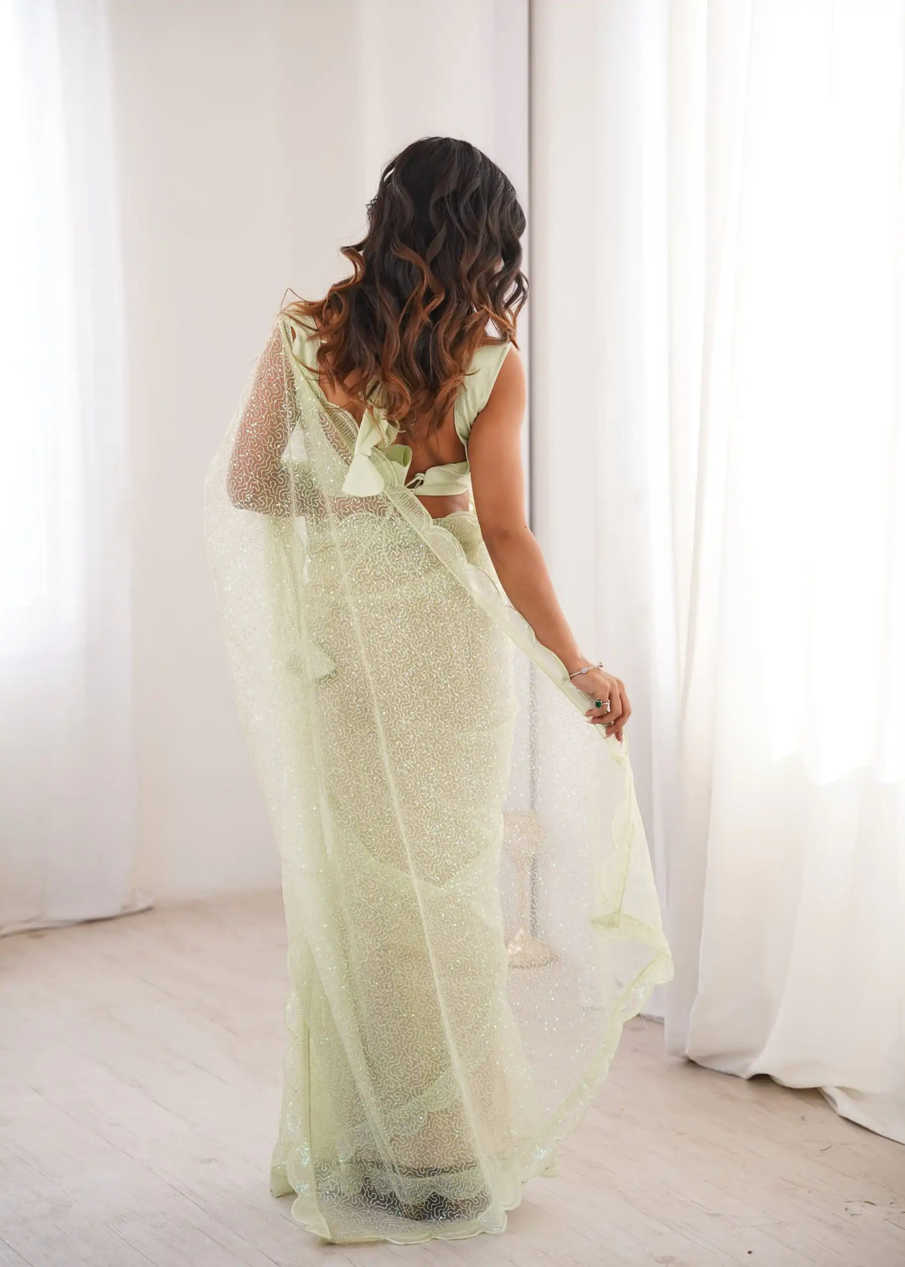 Shiny Pista Soft Net Sequins Work Saree - Image 8