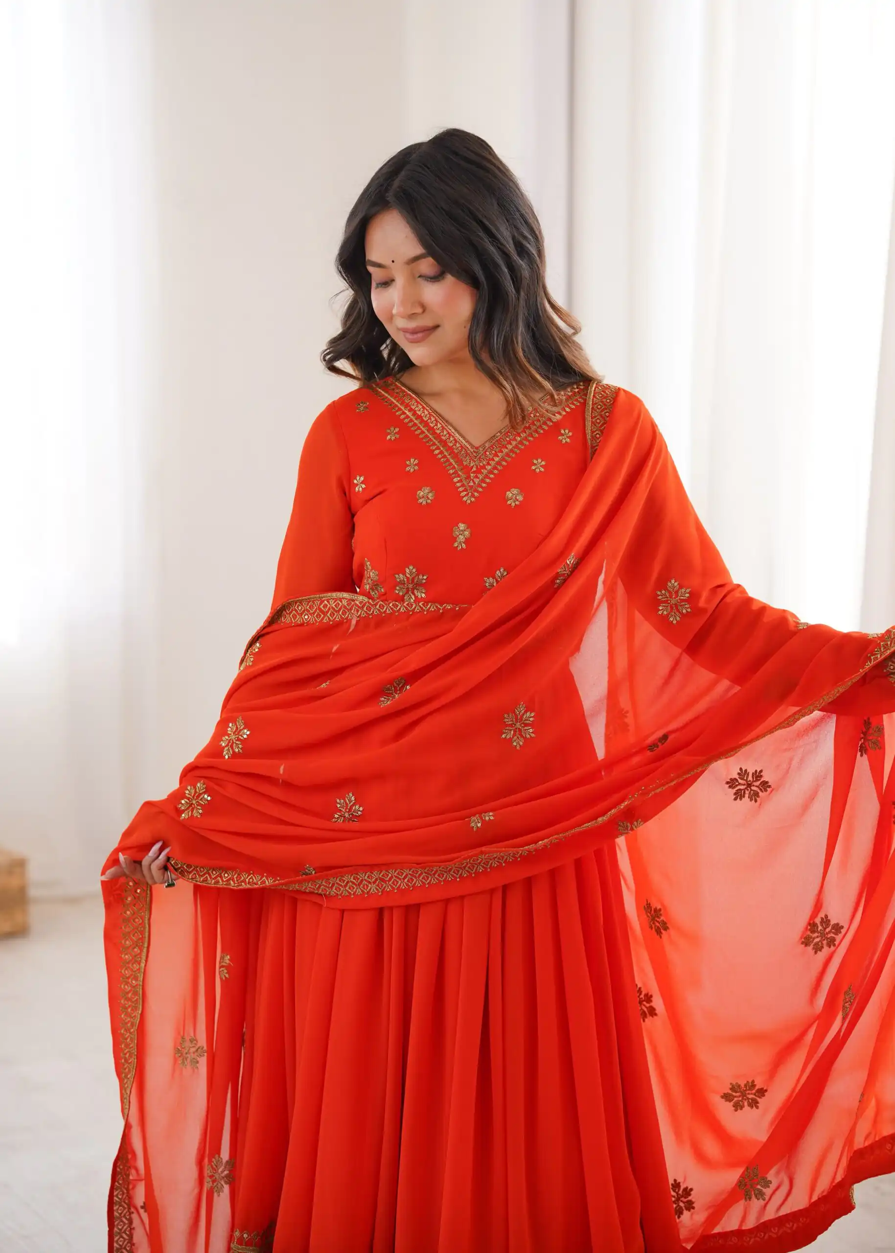 Shiny Red Faux Georgette Sequence Work Anarkali Suit - Image 10