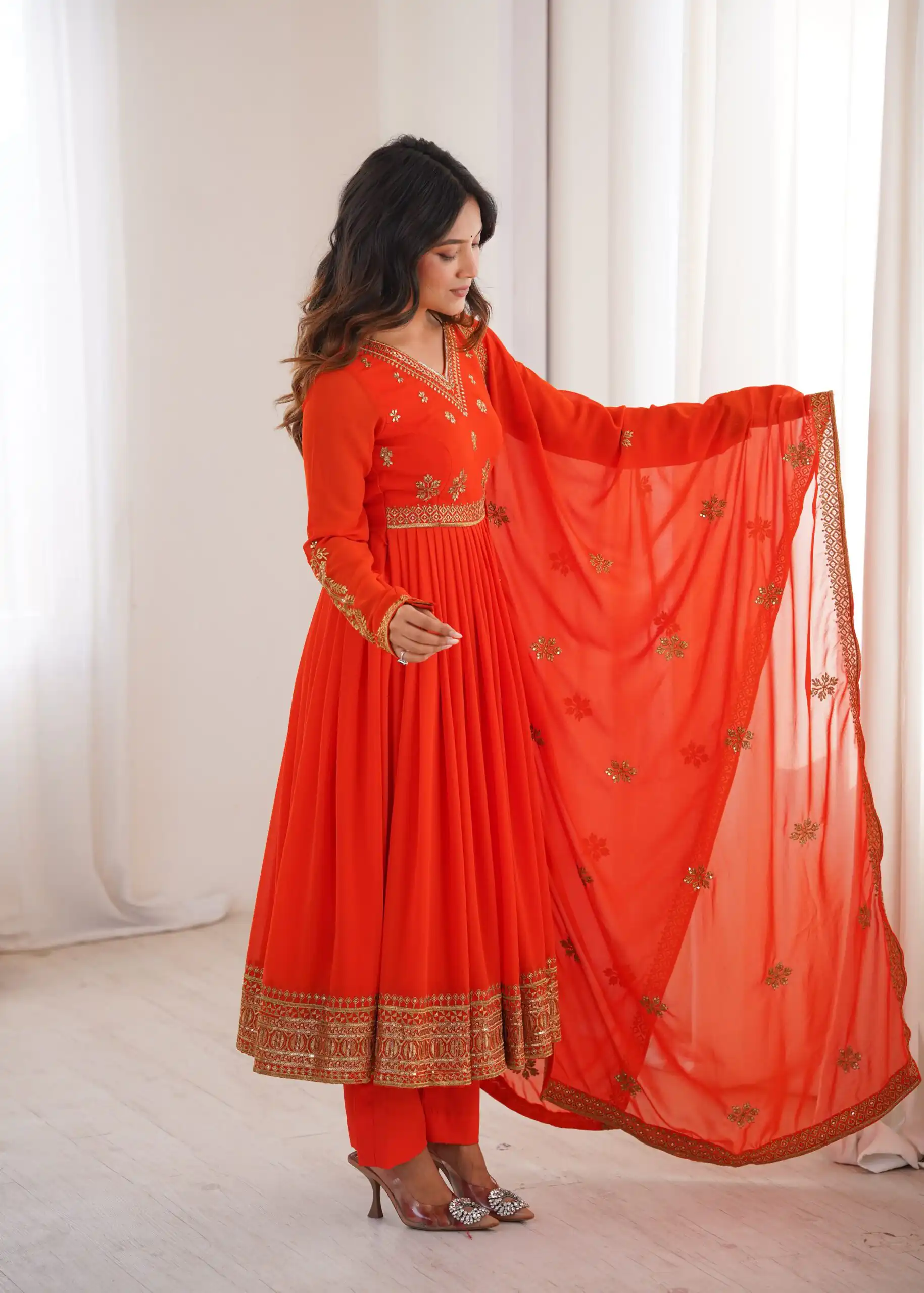 Shiny Red Faux Georgette Sequence Work Anarkali Suit - Image 7