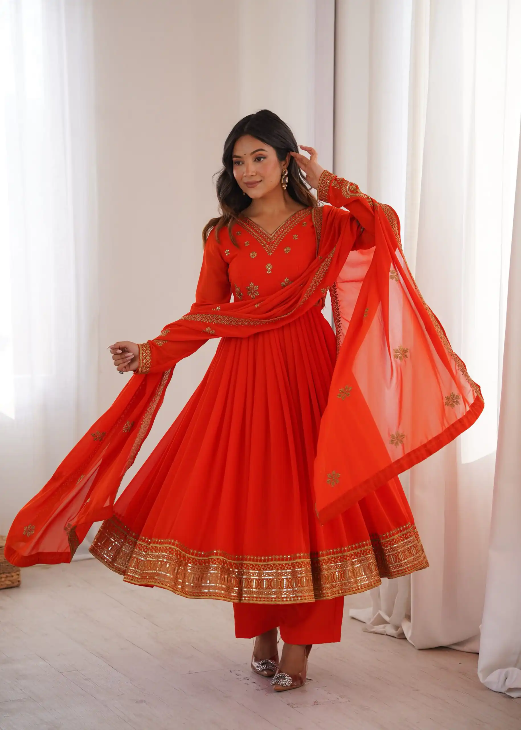 Shiny Red Faux Georgette Sequence Work Anarkali Suit - Image 6