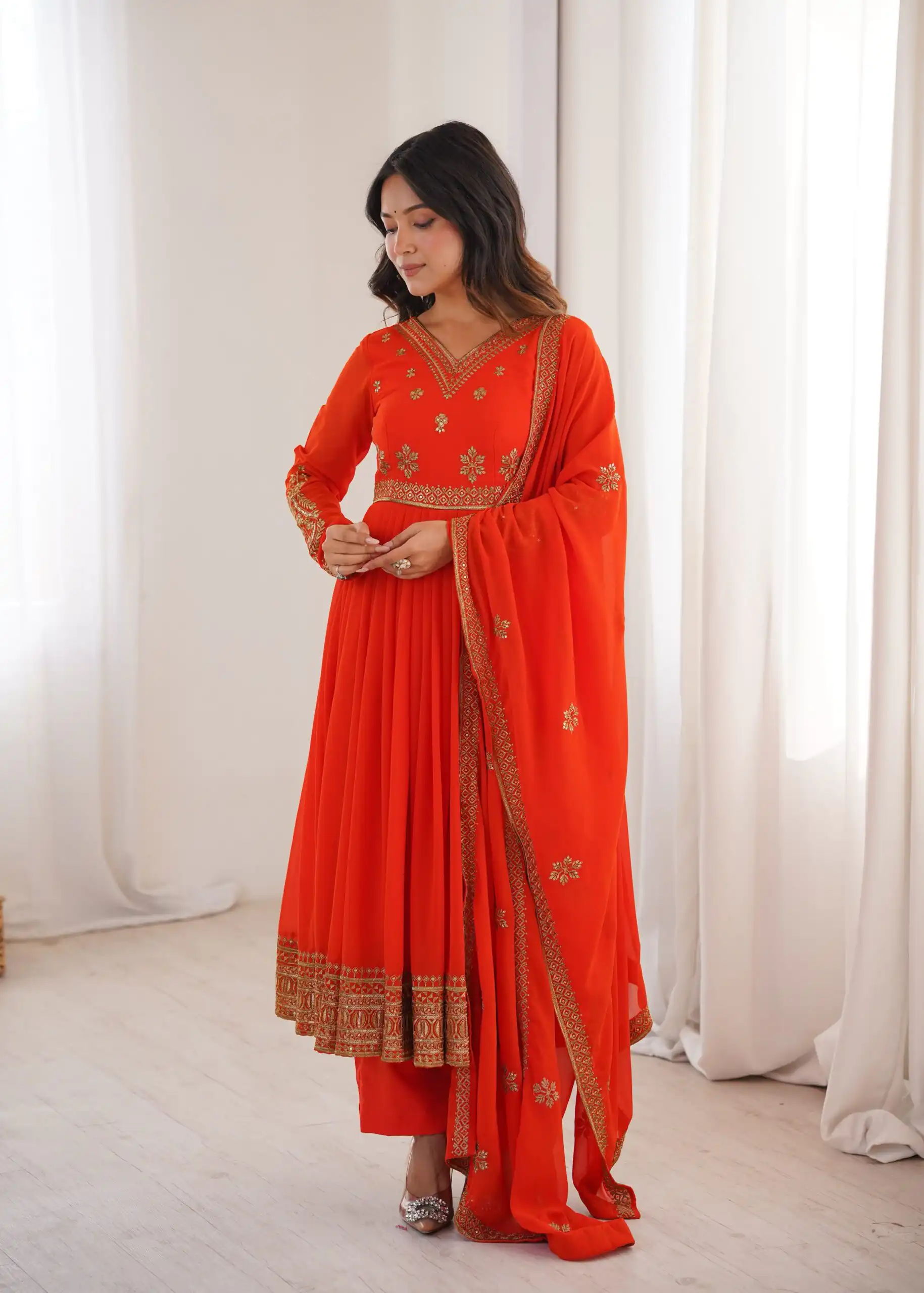 Shiny Red Faux Georgette Sequence Work Anarkali Suit - Image 3