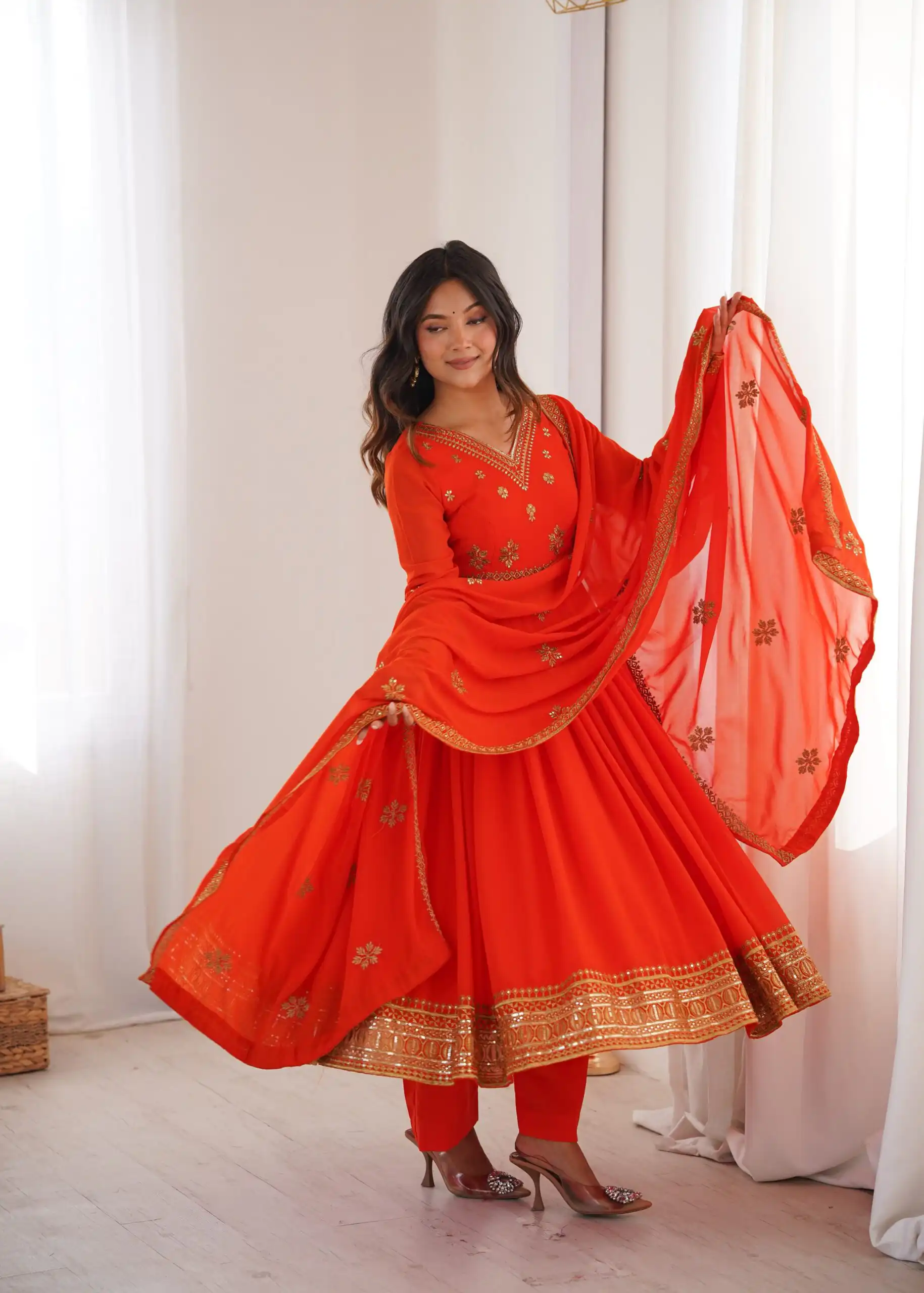 Shiny Red Faux Georgette Sequence Work Anarkali Suit - Image 2