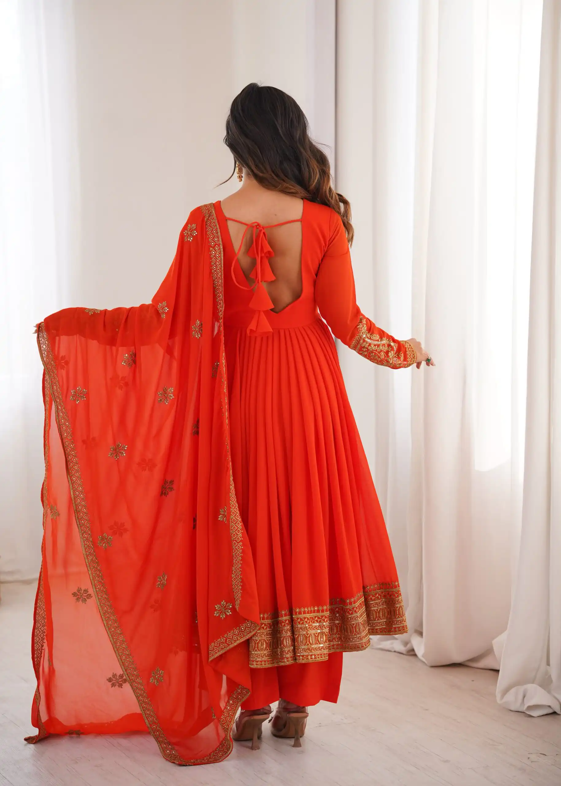 Shiny Red Faux Georgette Sequence Work Anarkali Suit - Image 9