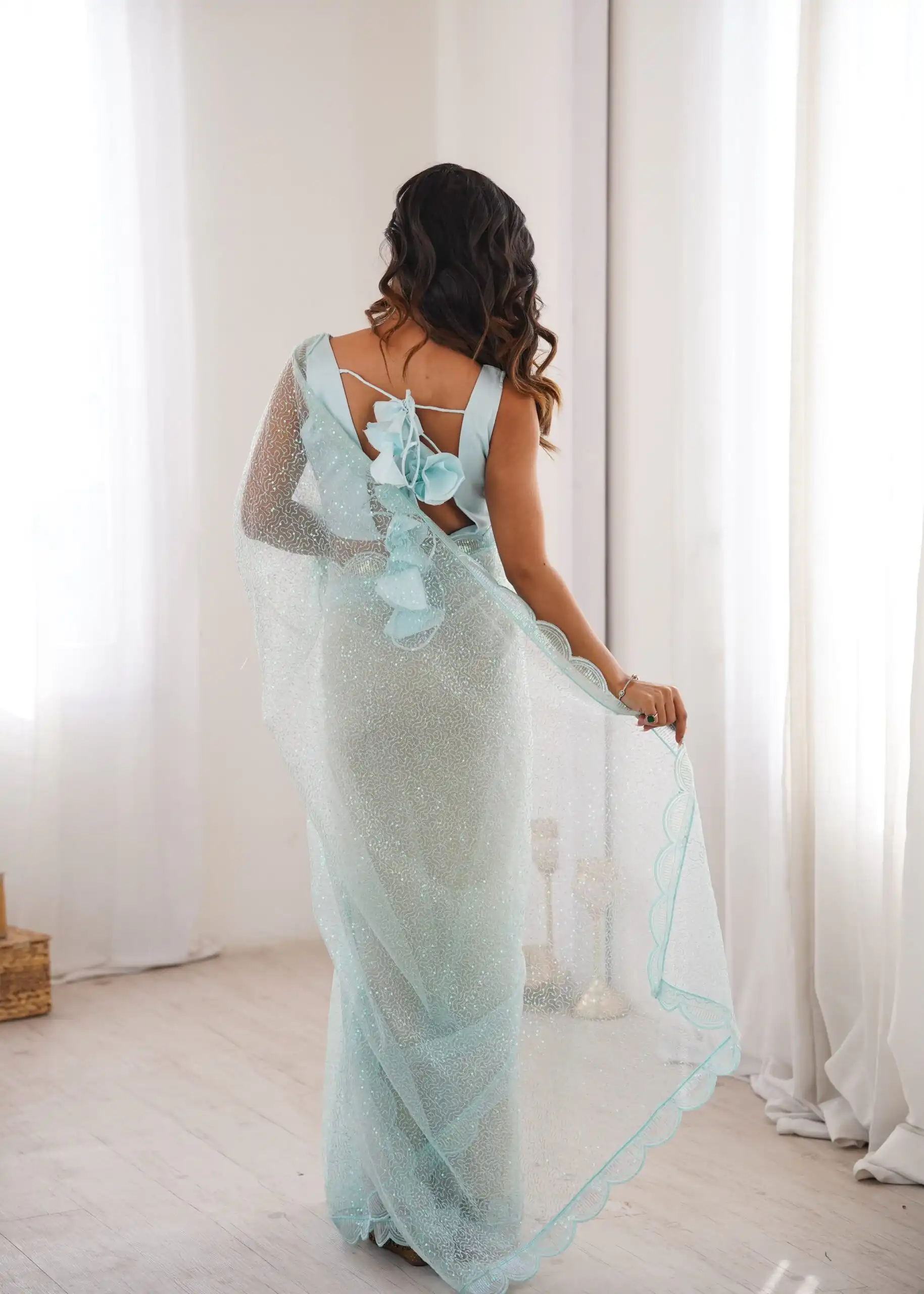 Shiny Sky Blue Soft Net Sequins Work Saree - Image 6