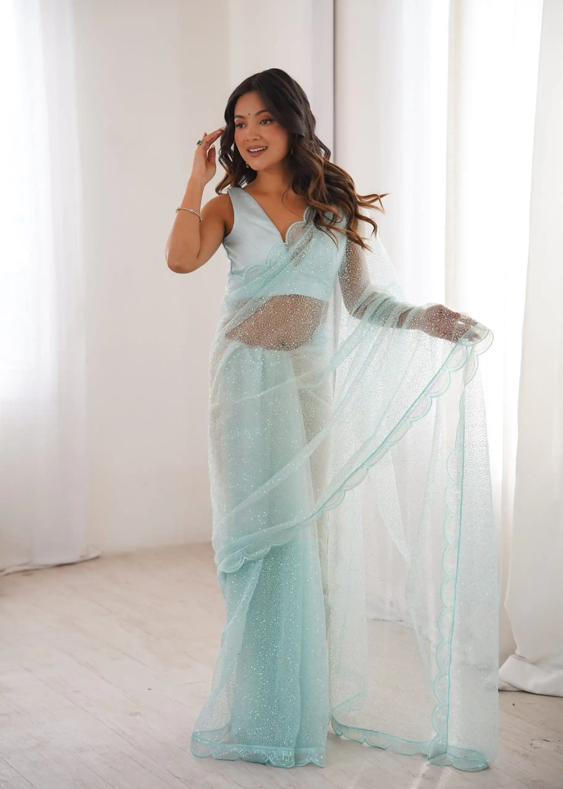 Shiny Sky Blue Soft Net Sequins Work Saree - Image 5