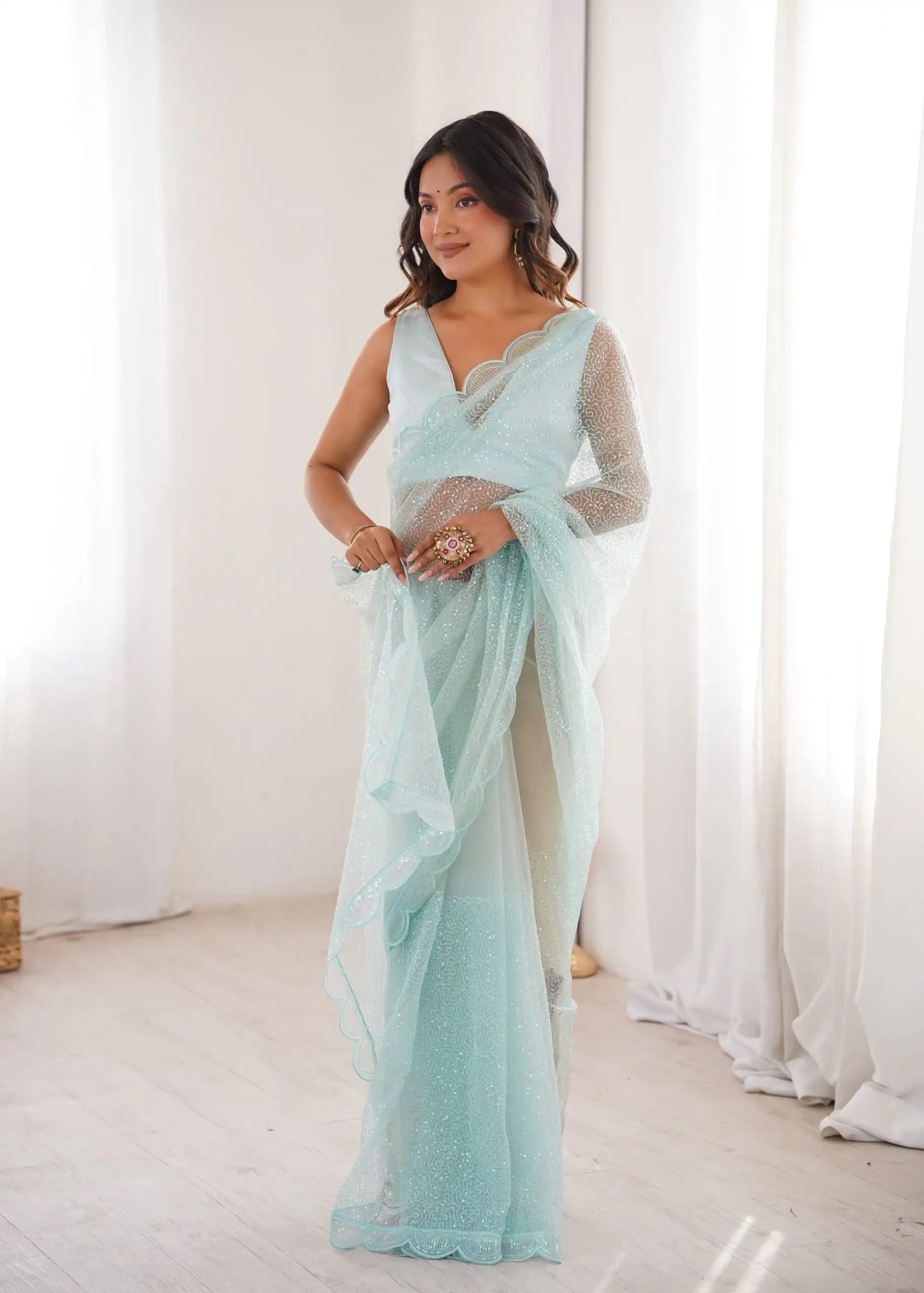 Shiny Sky Blue Soft Net Sequins Work Saree - Image 4