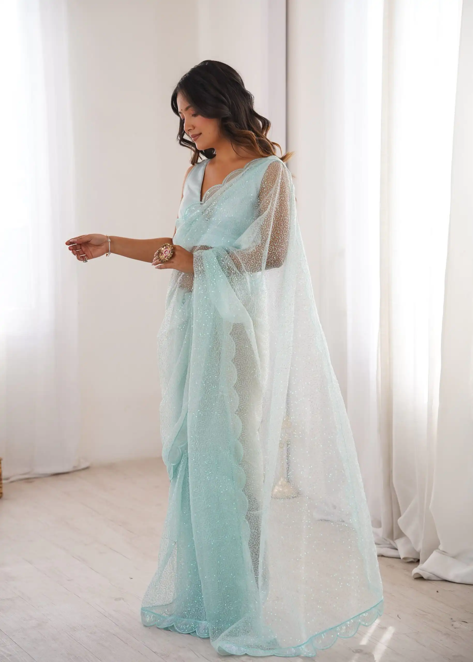 Shiny Sky Blue Soft Net Sequins Work Saree - Image 3