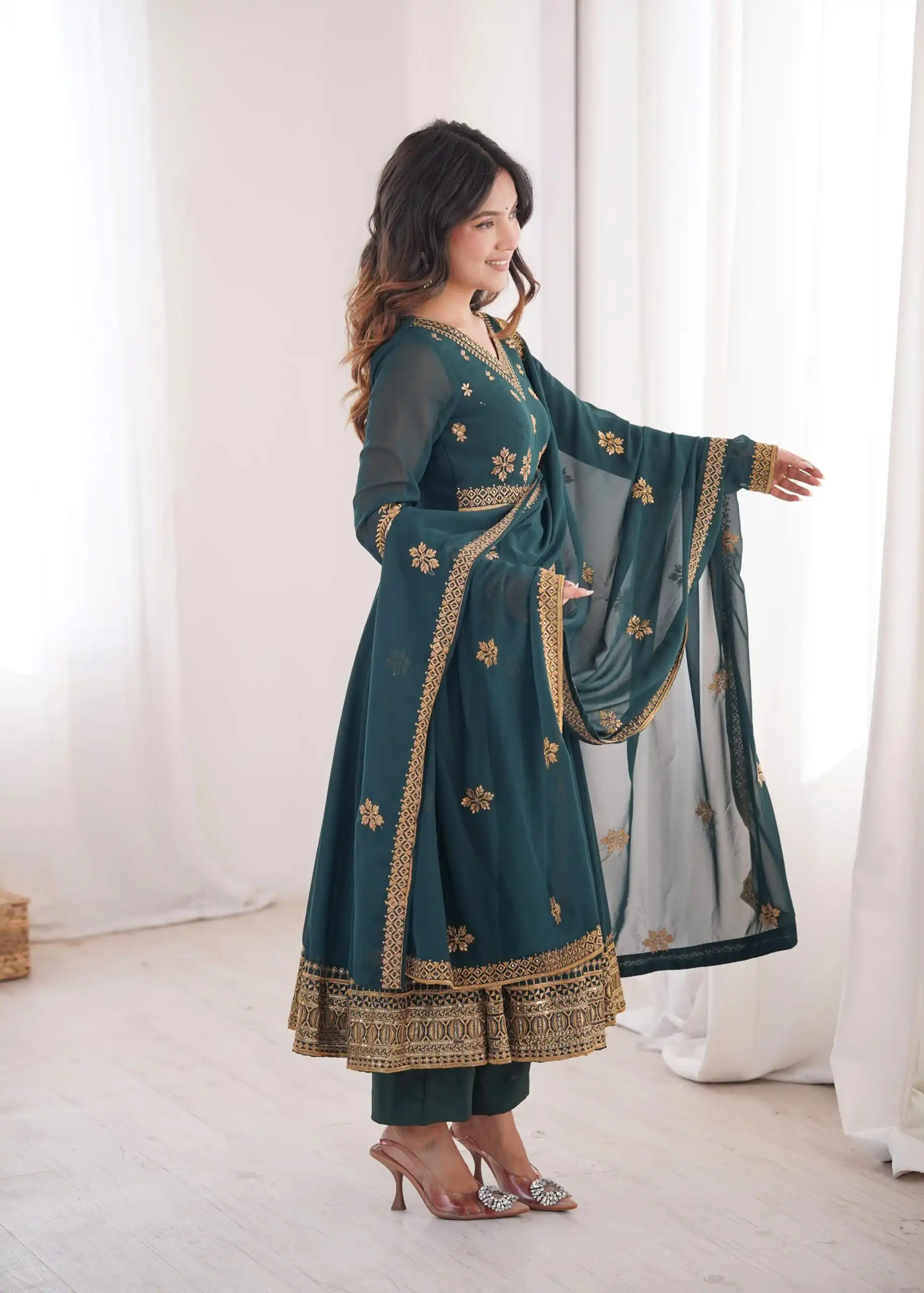 Shiny Teal Faux Georgette Sequence Work Anarkali Suit - Image 7