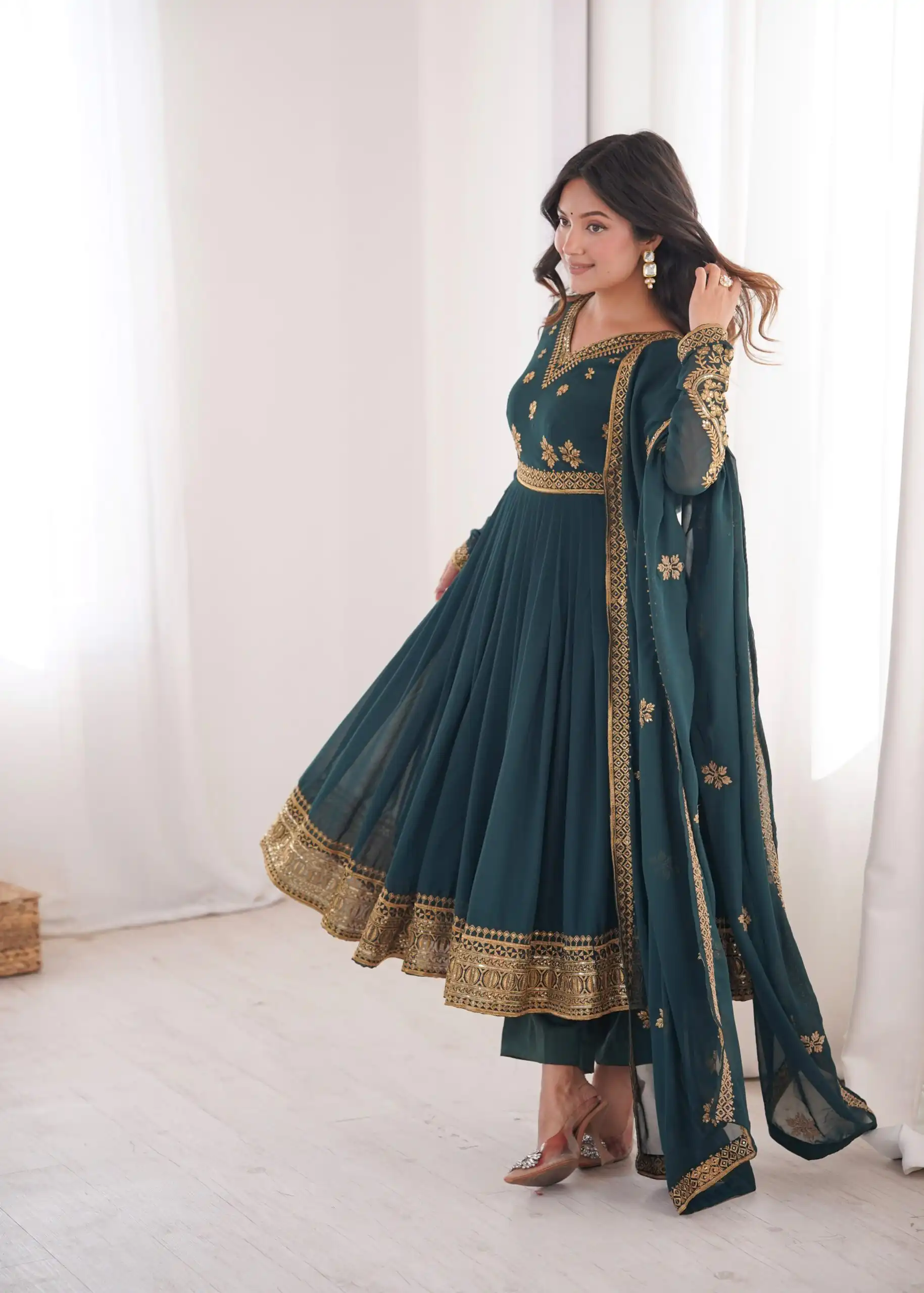 Shiny Teal Faux Georgette Sequence Work Anarkali Suit - Image 4