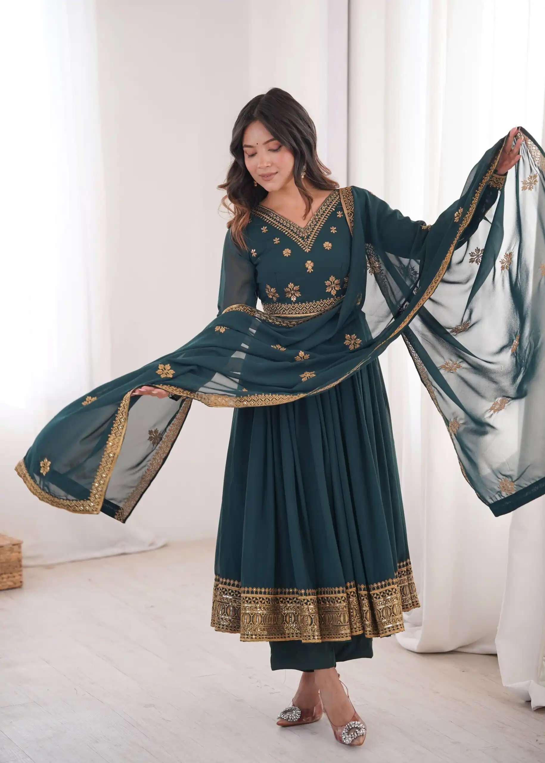 Shiny Teal Faux Georgette Sequence Work Anarkali Suit - Image 3