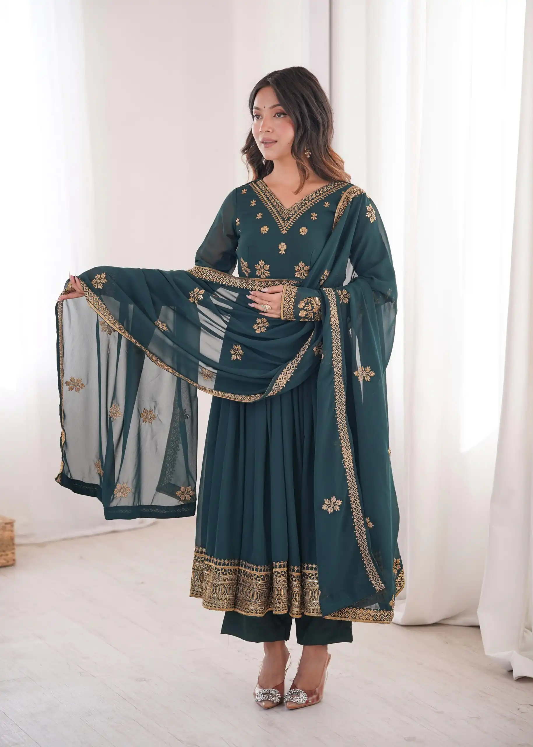 Shiny Teal Faux Georgette Sequence Work Anarkali Suit