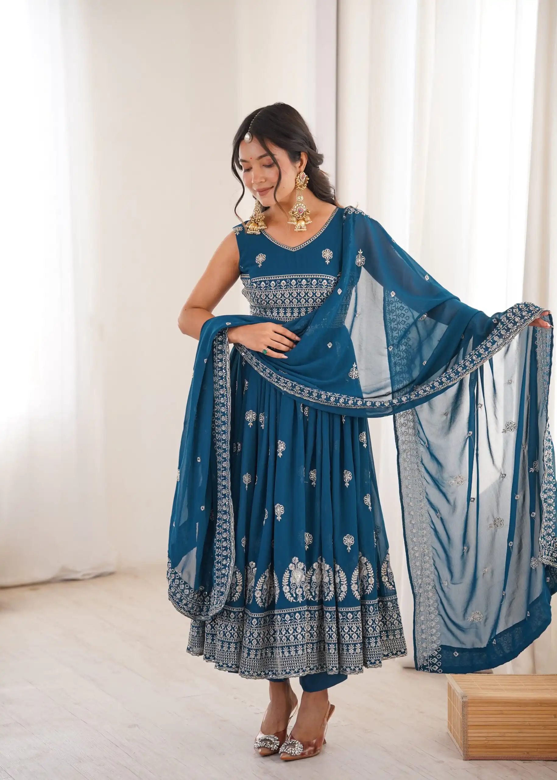 Shiny Teal Faux Georgette Sequence Work Anarkali Suit - Image 4