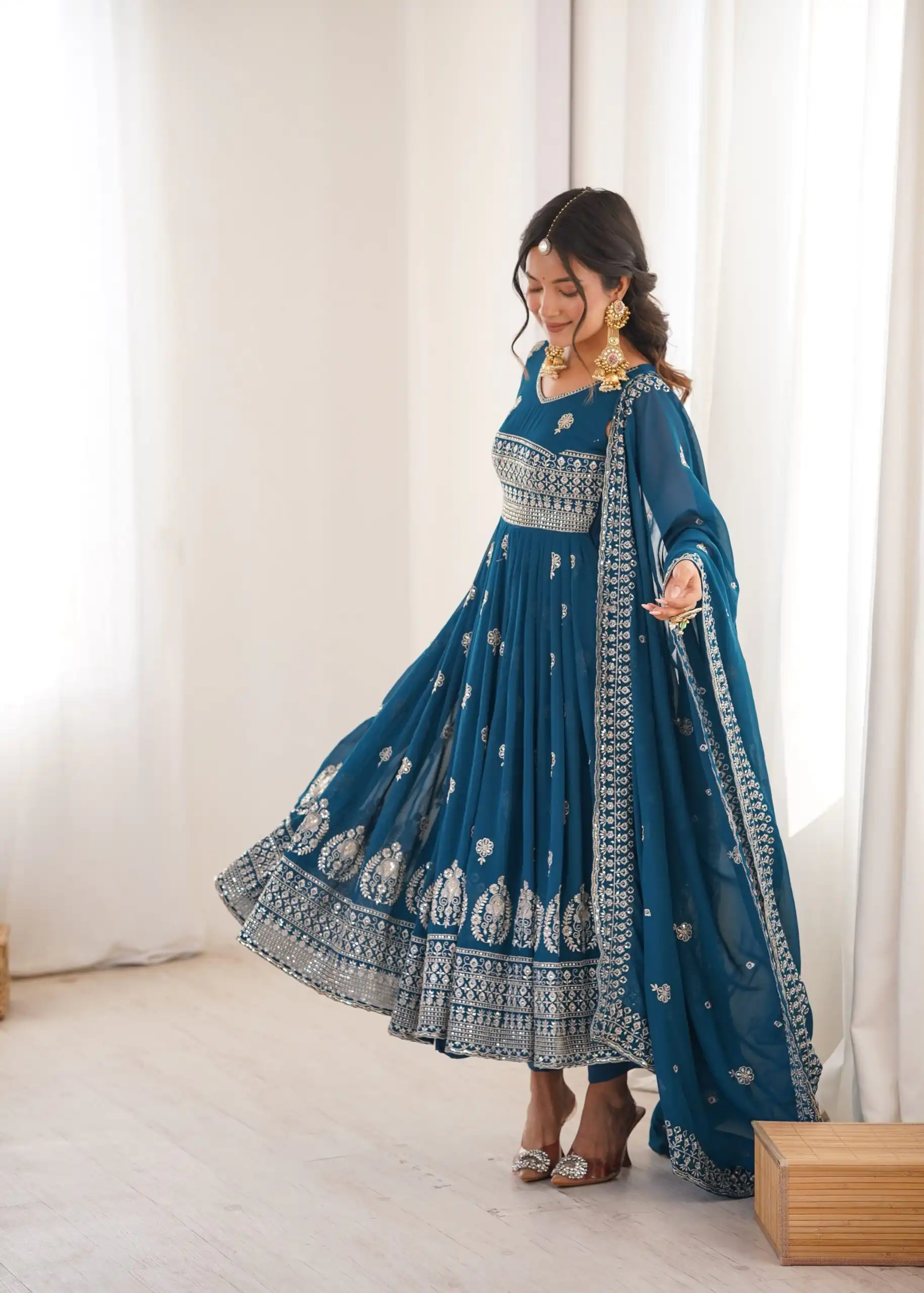 Shiny Teal Faux Georgette Sequence Work Anarkali Suit - Image 3