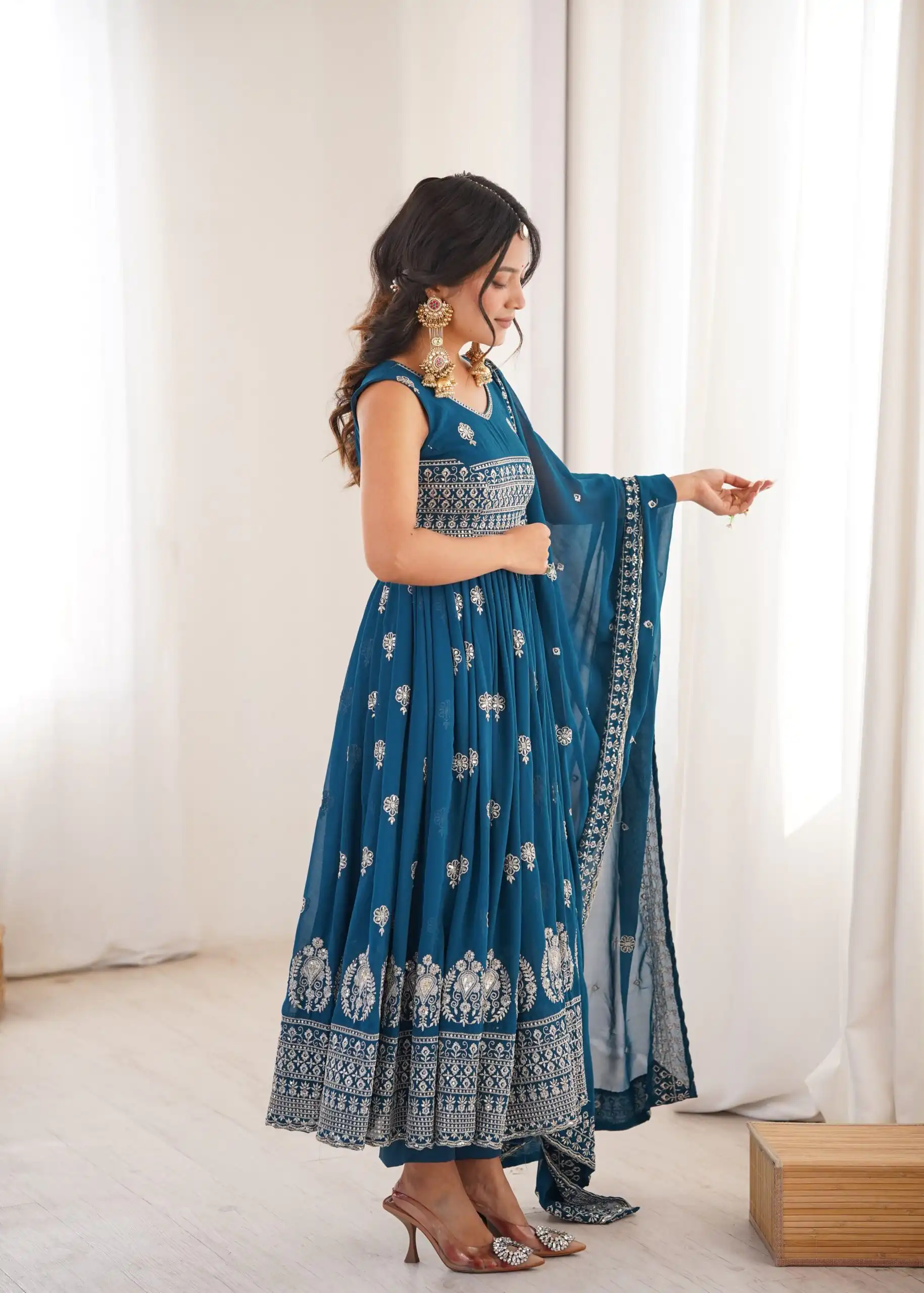Shiny Teal Faux Georgette Sequence Work Anarkali Suit - Image 2