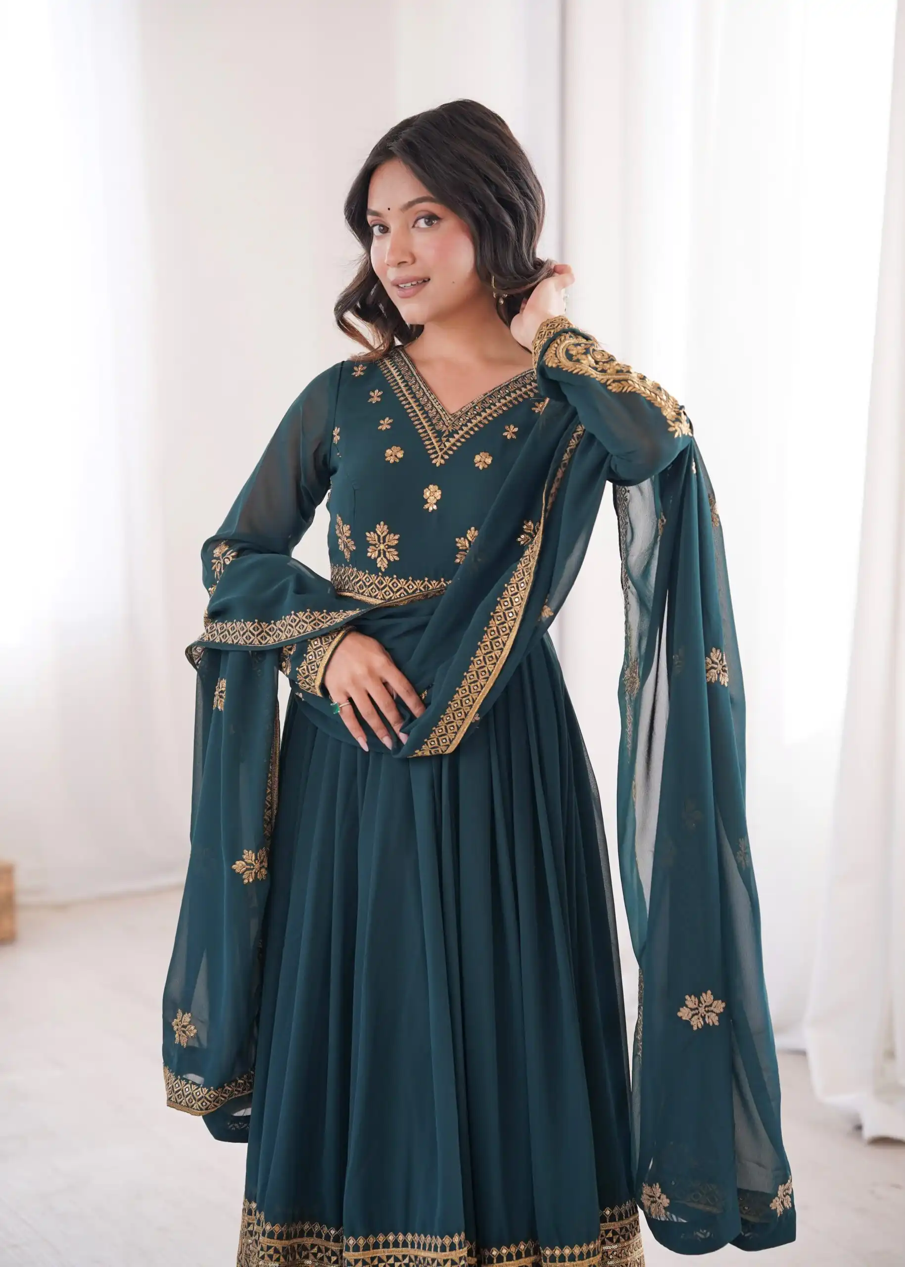Shiny Teal Faux Georgette Sequence Work Anarkali Suit - Image 8