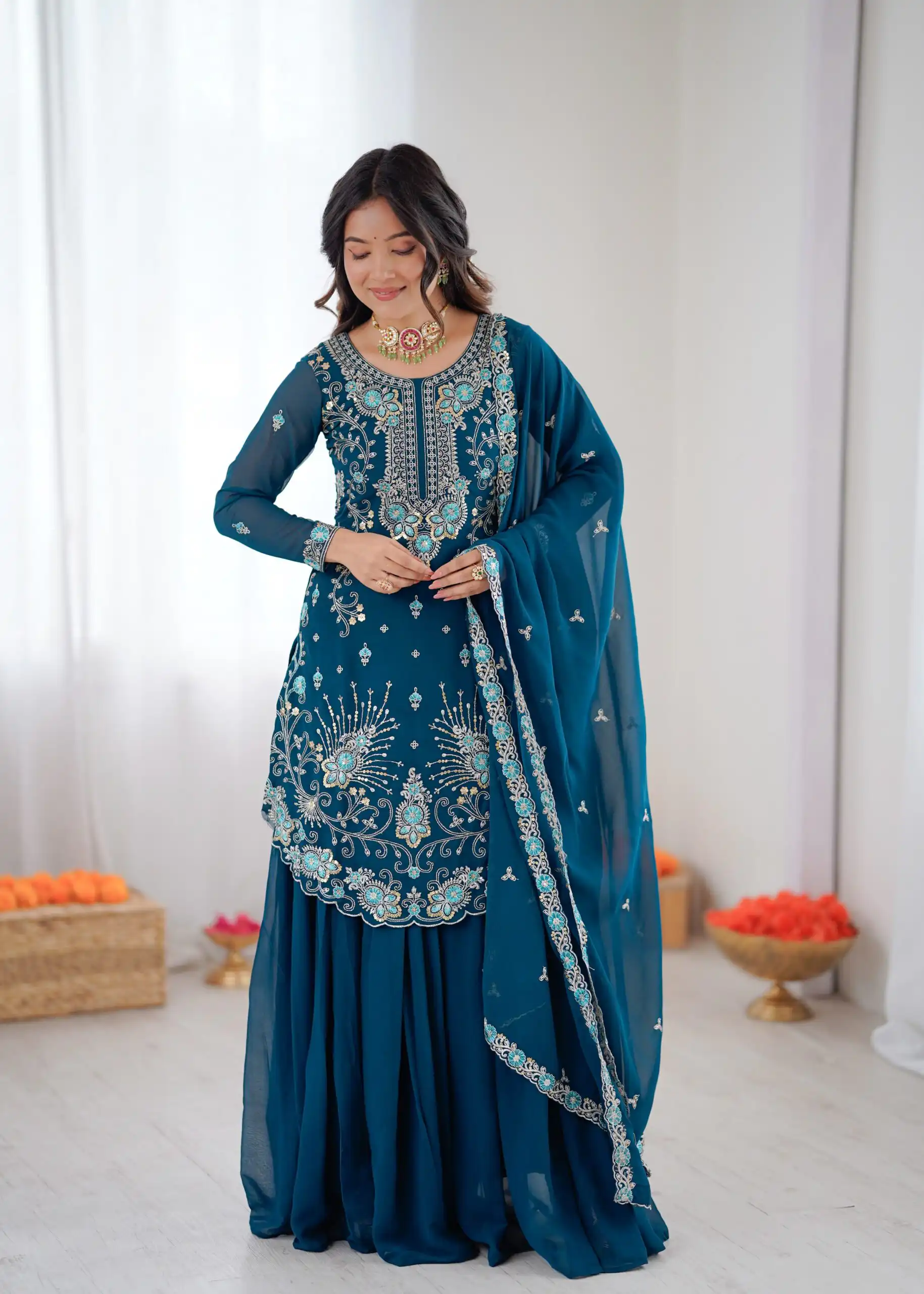 Shiny Teal Faux Georgette Sequence Work Salwar Suit