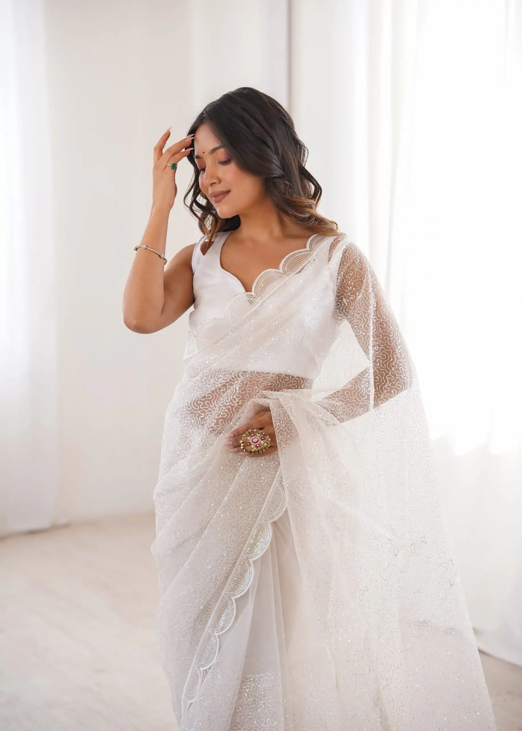Shiny White Soft Net Sequins Work Saree - Image 8